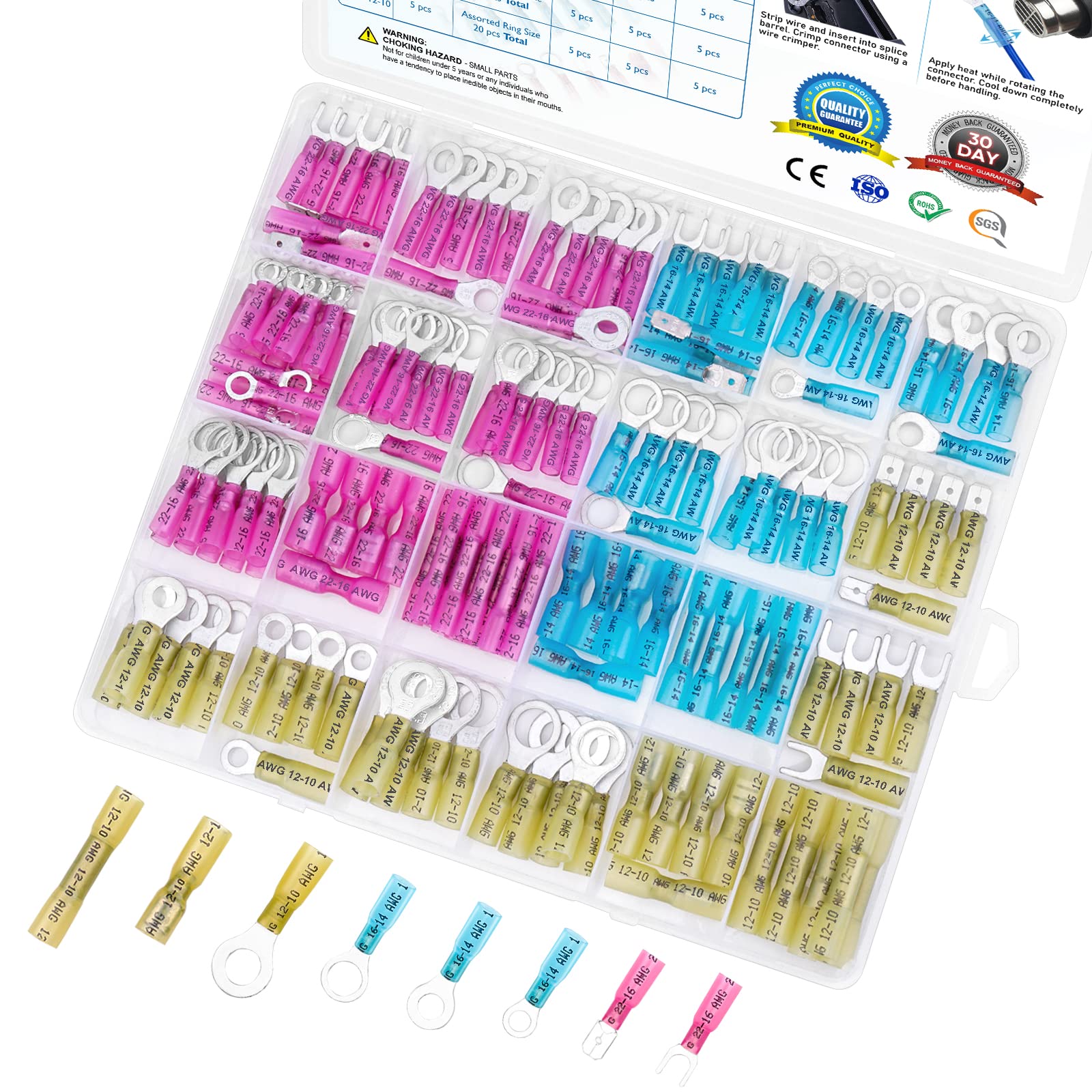 TICONN 160Pcs Heat Shrink Wire Connectors, Waterproof Automotive Marine Electrical Terminals Kit, Crimp Connector Assortment, Ring Fork Spade Butt Splices