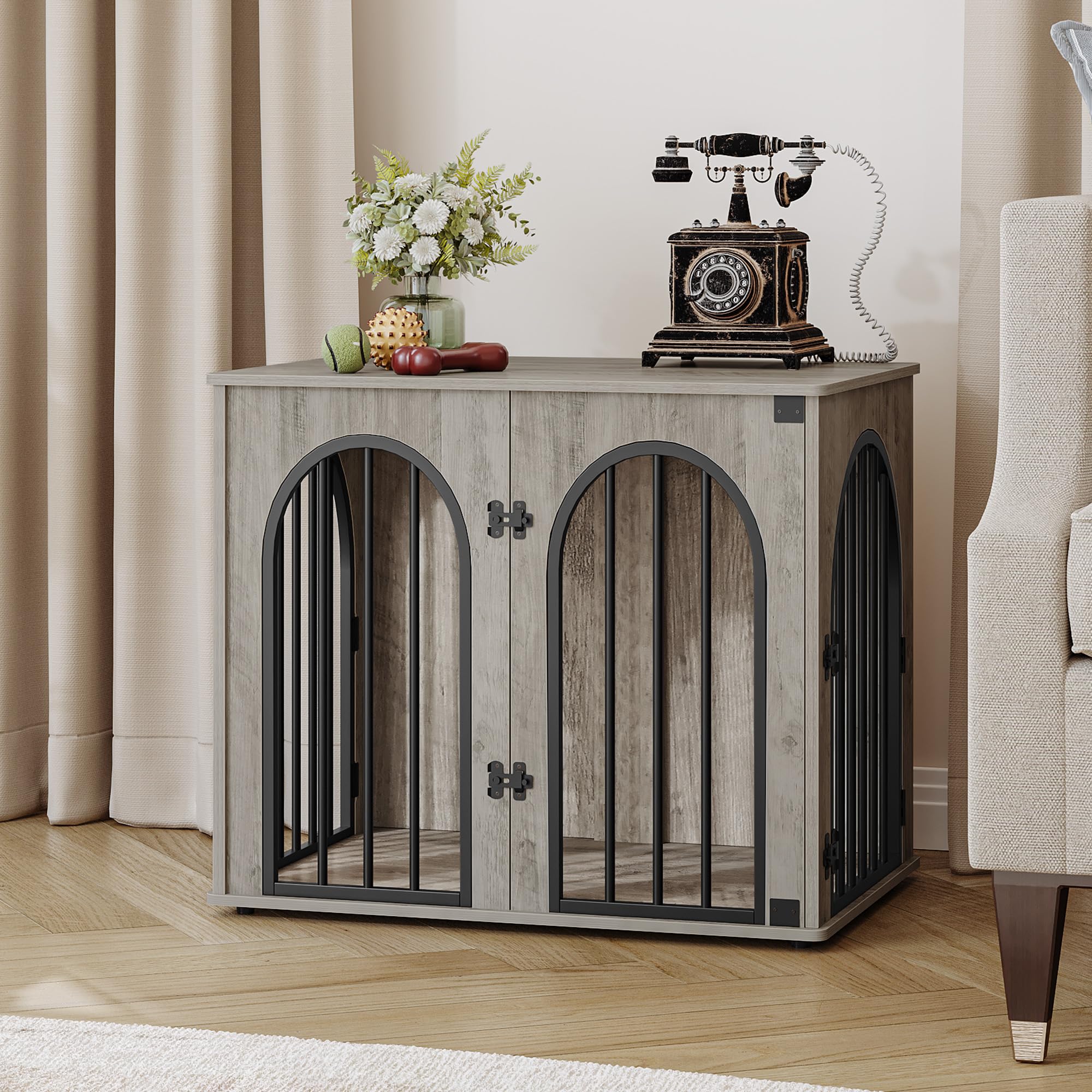 Cage pour Chiens 68cm Table d'Appoint Niche Moderne Intérieur 3 Portes Porte arquée 68 x 49 x 56 cm Ivoire Clair