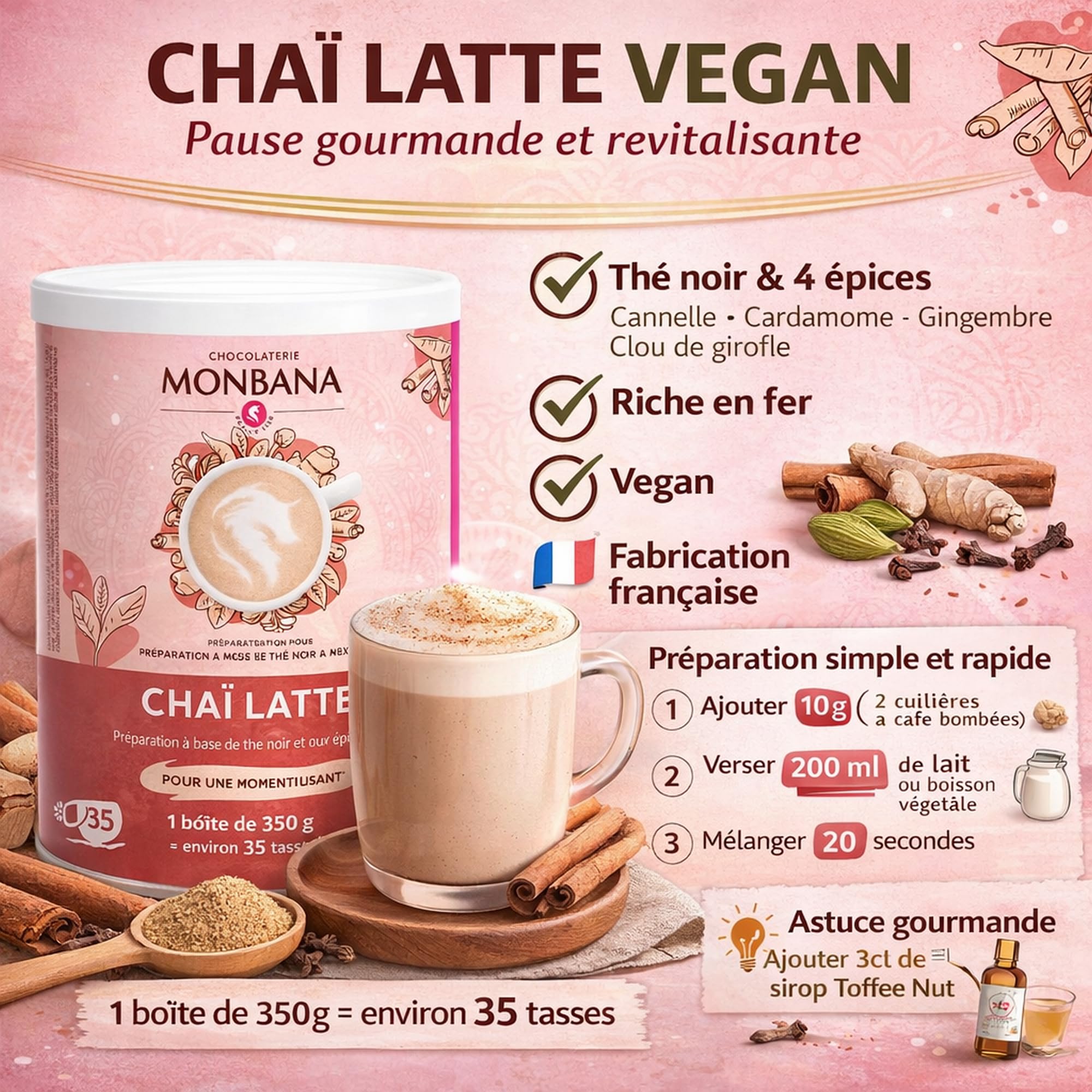 MONBANA Chai Latte Vegan 350 g – Préparation Instantanée au Thé Noir et Épices – Boisson Chaude ou Glacée – Cannelle, Cardamome, Gingembre et Girofle – Recette Gourmande