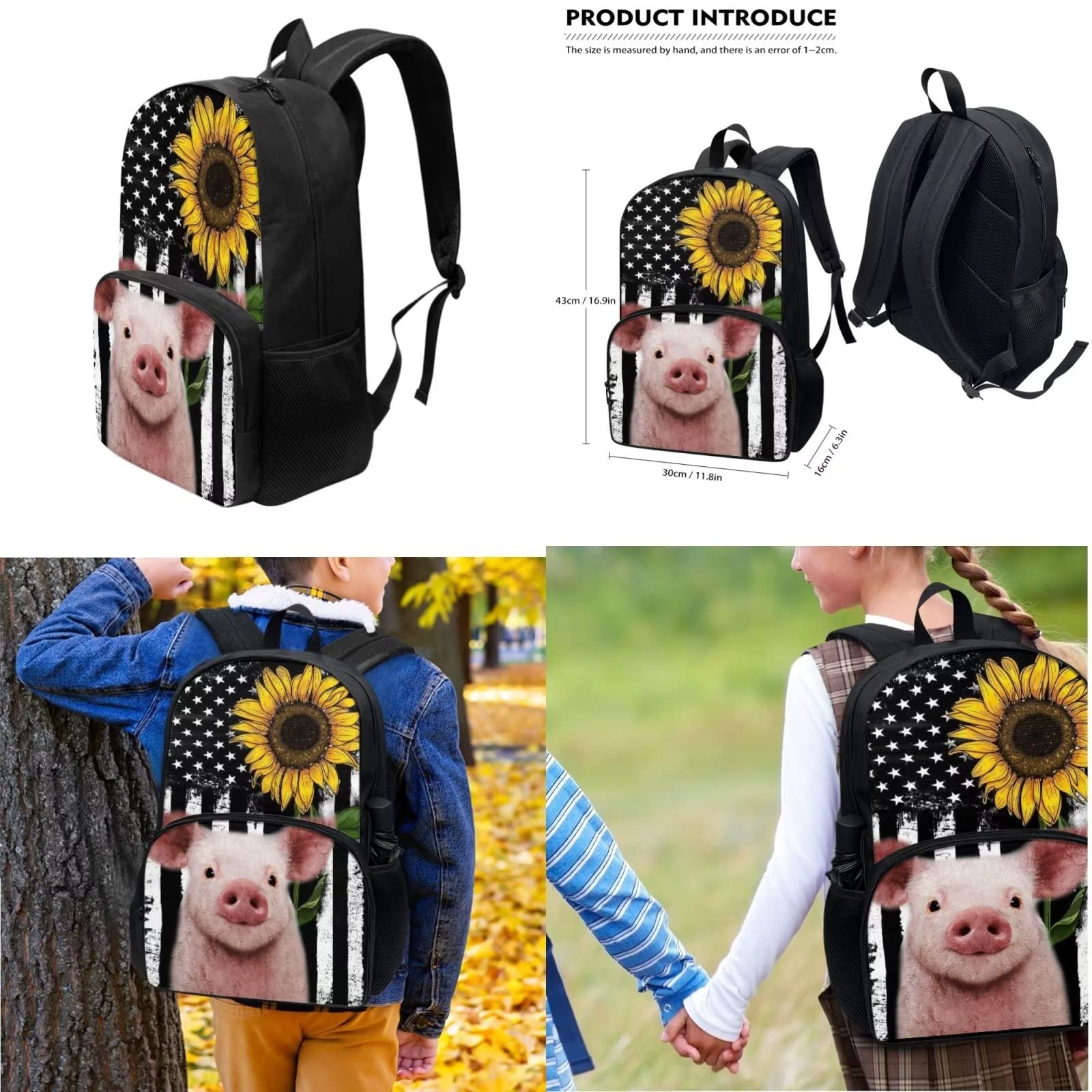 POLERO Mochila escolar de caballos para niños, juego de bolsas de almuerzo, estuche para lápices, 3 piezas, bolsas escolares, Bandera de Estados Unidos cerdo girasol, Talla única, Mochila infantil