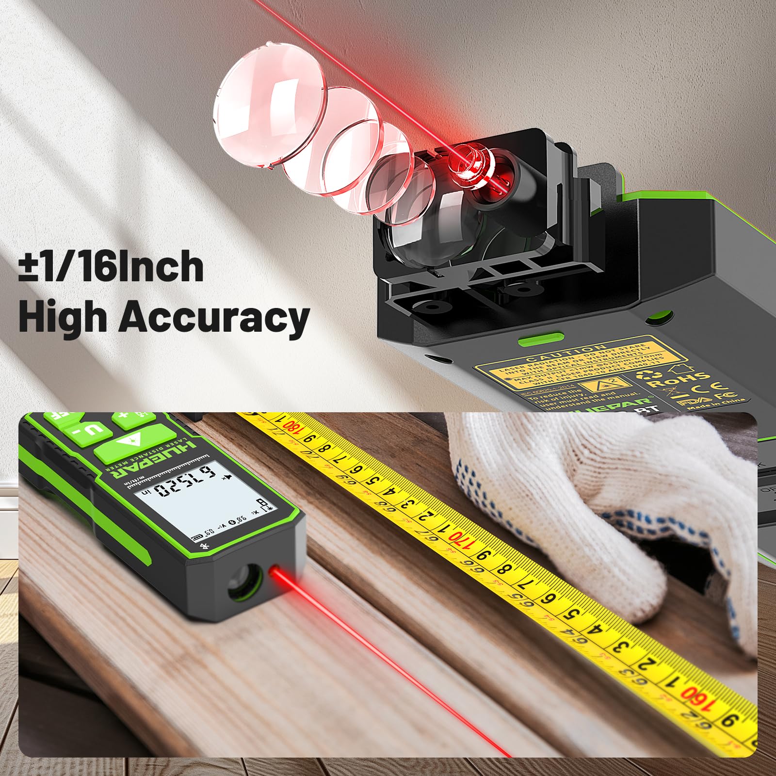 Huepar 330Ft Laser Measuring Tool with APP, 5 Years Warranty, Rechargeable Bluetooth Distance Meter, 1/16in Accuracy, Angle Sensor, Multiple Modes, IP54, Home&Construction, Fathers Days Dad Gifts — Amazon image 8