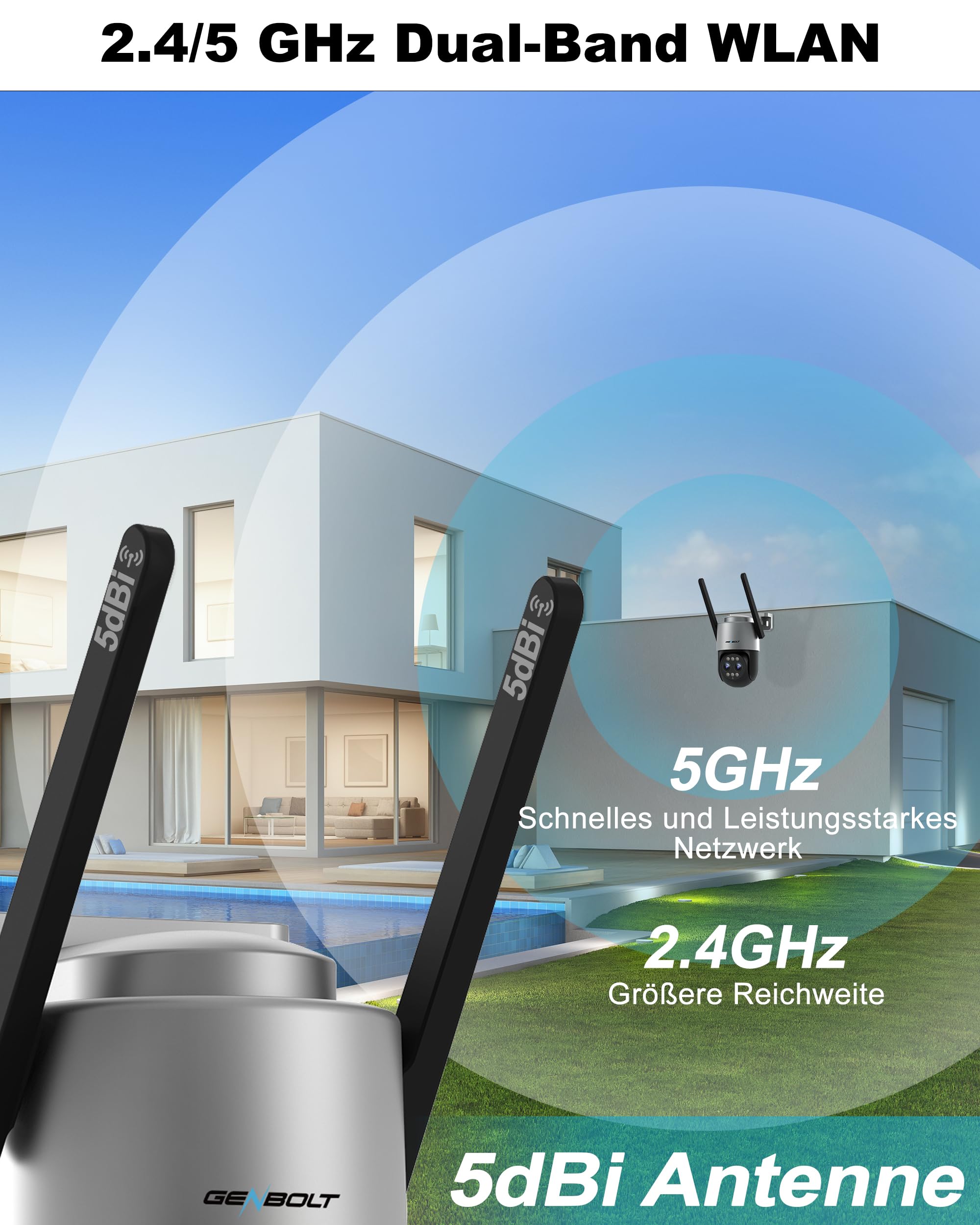 GENBOLT 2,5K PTZ WiFi Überwachungskamera für den Außenbereich mit PoE,Dual-Linsen CCTV Heim-Überwachungskamera mit 10X Hybrid Zoom,IP-Kamera mit Farbnacht 4MP,automatische Verfolgung(2,4&5GHz)