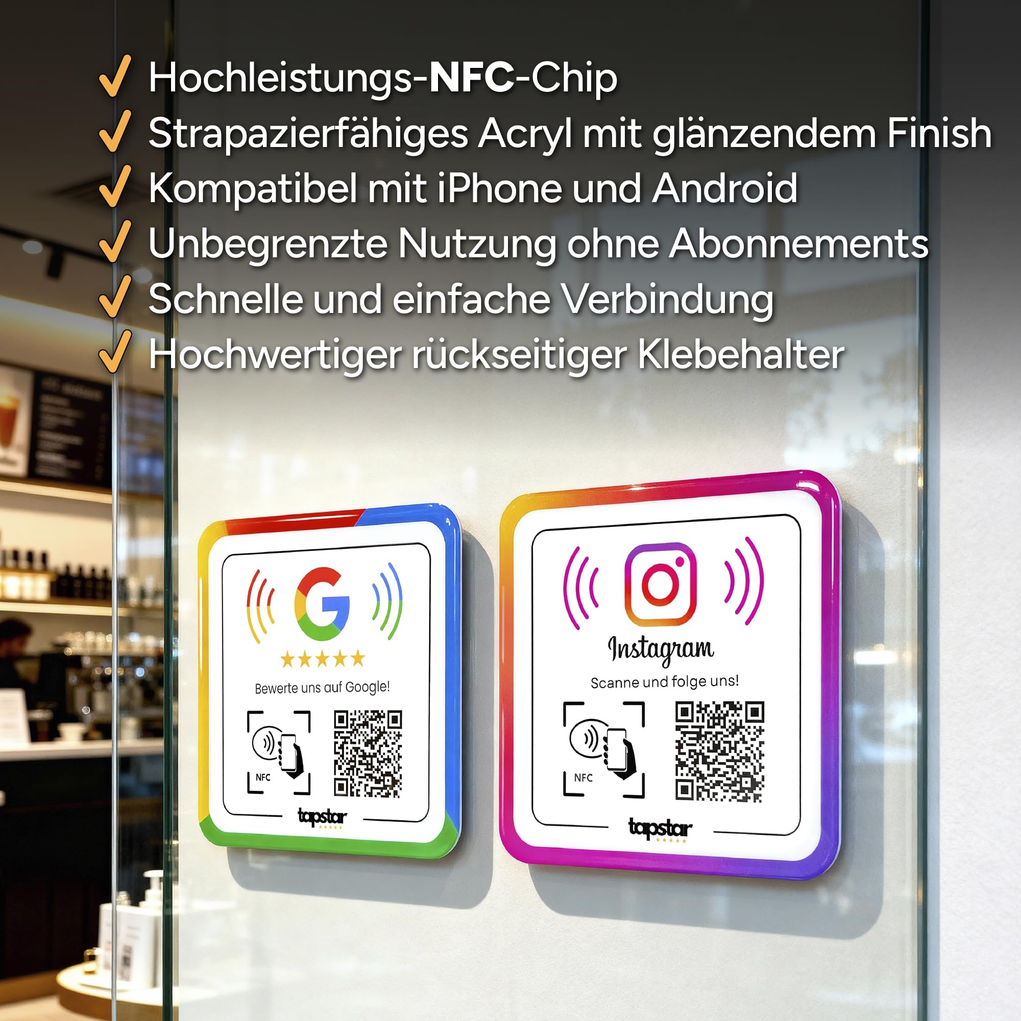 Tapstar Instagram Aufsteller mit NFC & QR-Code – Acryl Bewertungsaufsteller für Follower – Kompatibel mit iPhone & Android