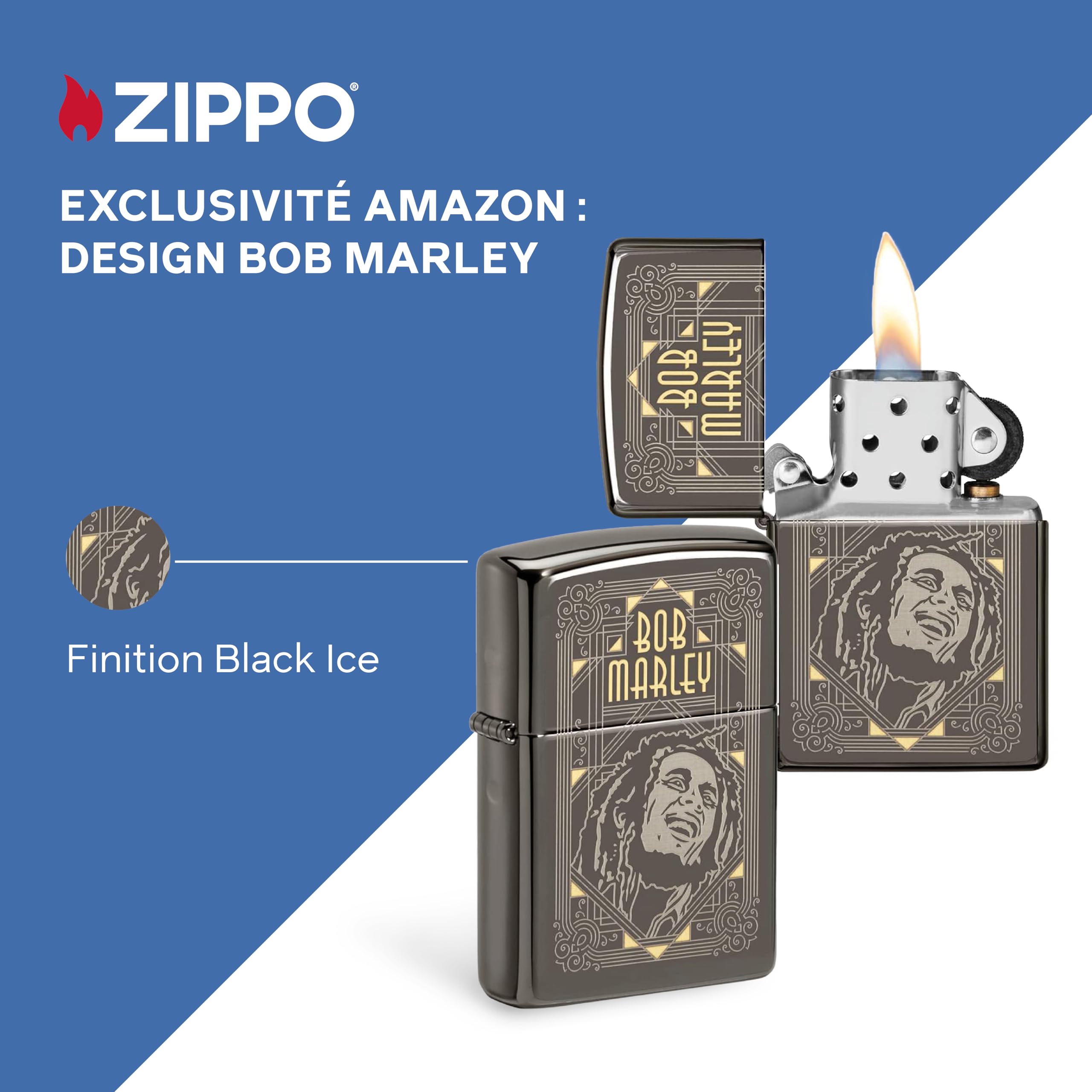 Zippo Briquet Tempête - Design Bob Marley en Deux Tons Laser avec Finition Black Ice - Rechargeable - Réutilisable - Design Coupe-Vent - Coffret Cadeau - Fabriqué aux États-Unis