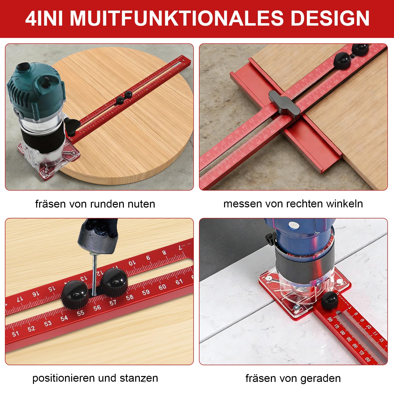 Plantilla de fresado de aluminio ajustable 4 en 1, guía de fresado, compás de fresado, radio de 90 mm hasta 370 mm, plantilla de fresado multifuncional para carpintería DIY