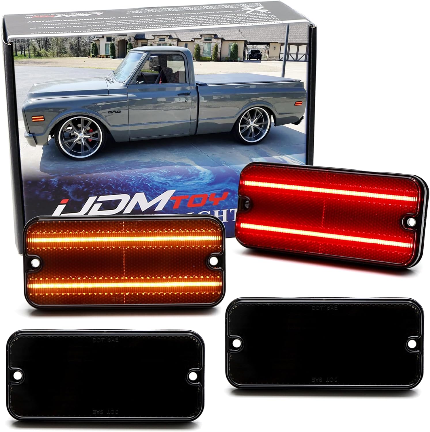 iJDMTOY Black-Out Smoked Lens Amber/Red Double-Row Full LED Front/Rear Side Marker Light Kit Compatible With 1968-1972 C10 C20 K10 C15/C1500 C25/C2500 K15/K1500 Jimmy, etc
