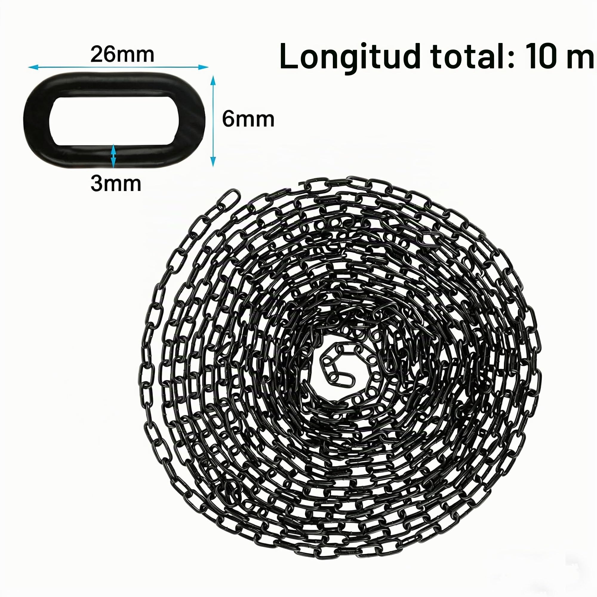 Cadena Negra de 10m 3mm, Cadena de Seguridad para Colgar de Cercas, Cadena para Columpios, Cadena para Sillas Colgantes, Cadena para Lámparas, Cadena para Perros, Cadena Articulable, Cadena para Secar