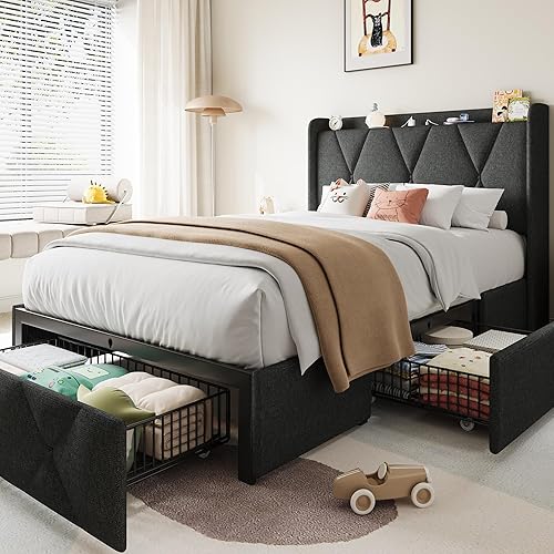 Vista 11 de Estructura de cama tamaño completo con 4 cajones de almacenamiento y estación de carga, estructura de cama plataforma tapizada con cabecera de Gris