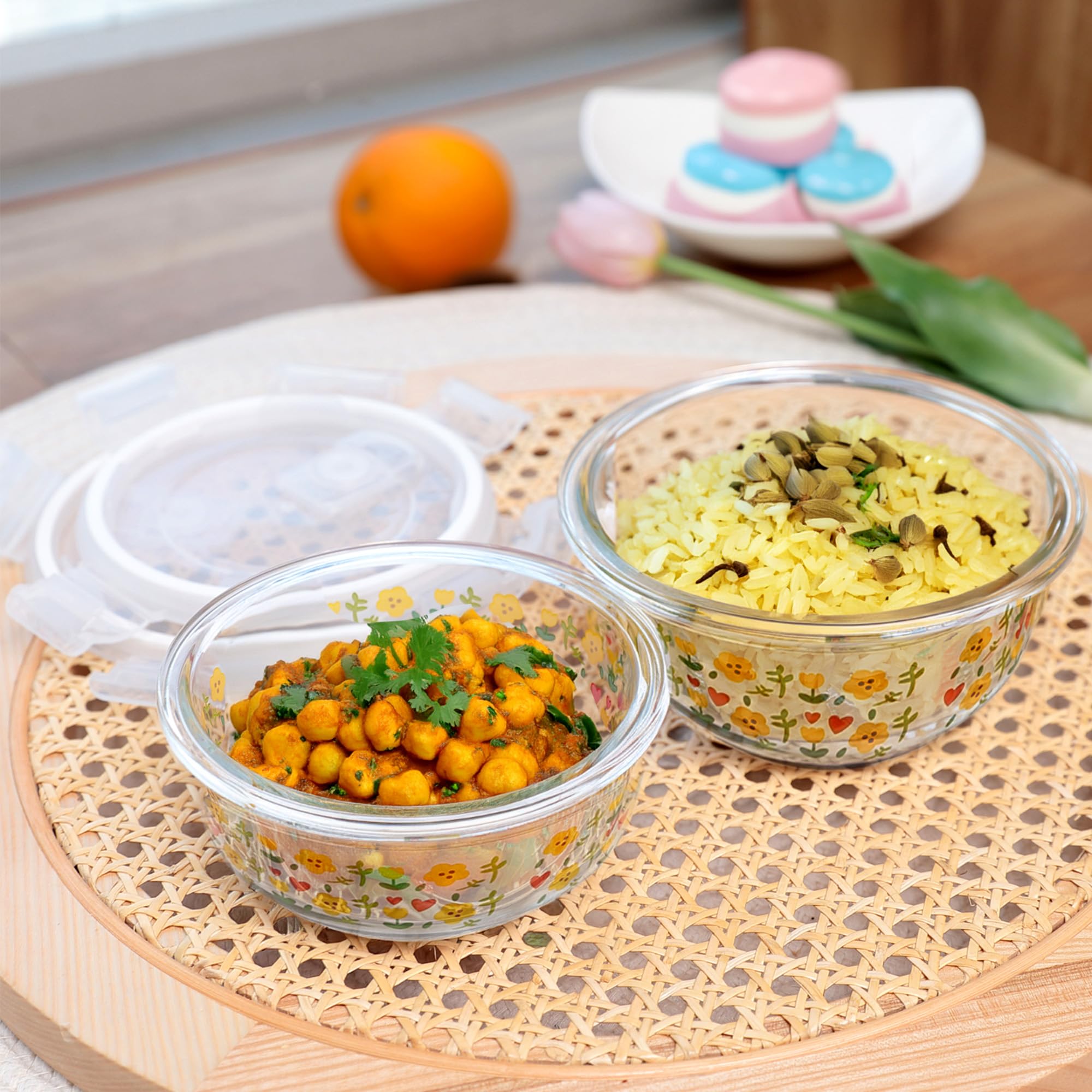 The Better Home Borosilicate Glass Container Set with Lids, Pack of 2 (370ml & 635ml, Green) | Microwave Safe | glass container for kitchen storage set | air tight glass containers |