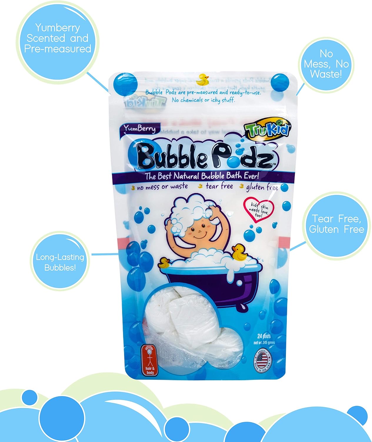 TruKid Bubble Podz for Baby, Refreshing Bubble Bath for Sensitive & Soft Skin, pH balanced for eye sensitivity, Enriched with Vitamin E, Aloe & Oatmeal, Yumberry Scent, All Natural Ingredients(8 Podz) : Baby