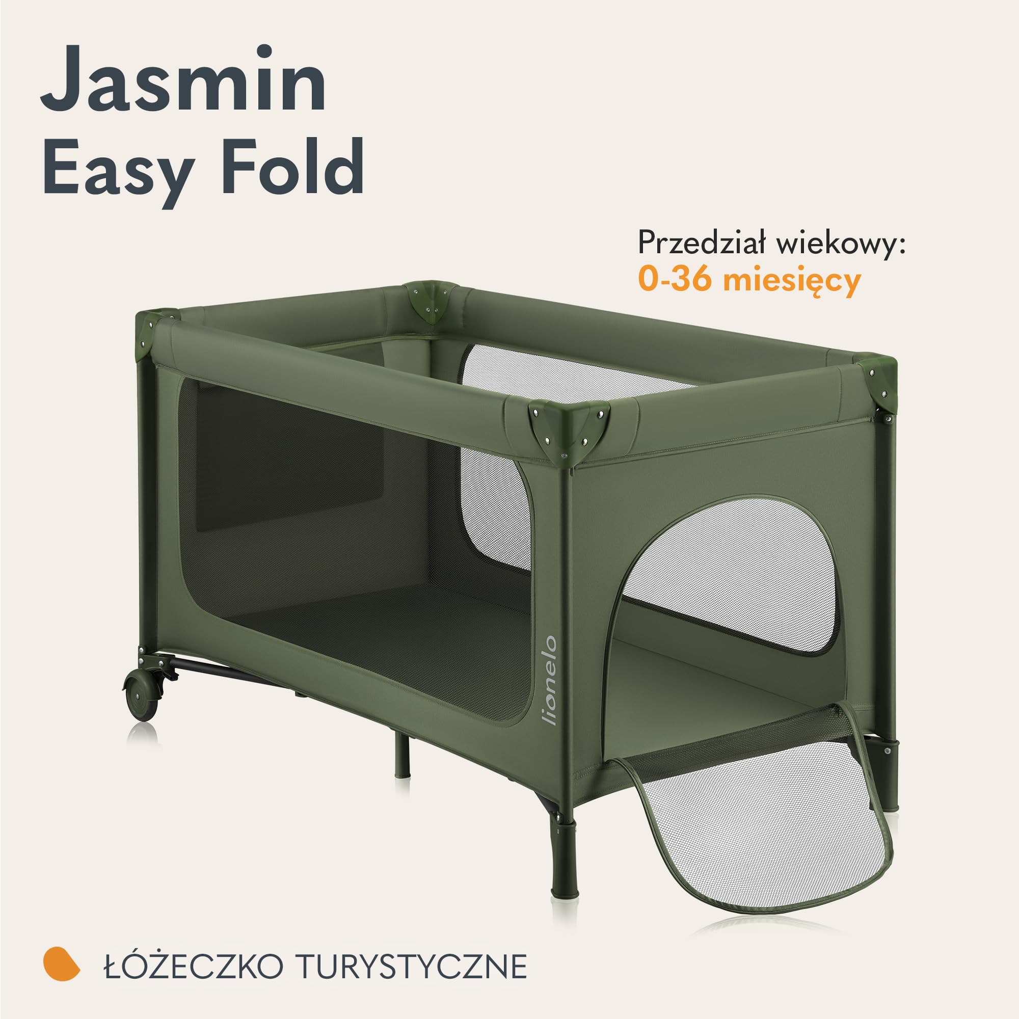 LIONELO Jasmin Easy Fold Łóżeczko Turystyczne Dziecięce do 15 kg od 0 do 36 miesięcy Piankowy Materac T25, 2 Poziomy Wysokości, Szybkie Składanie Easy Fold, Boczne Wejście, Kółka (Zielony)