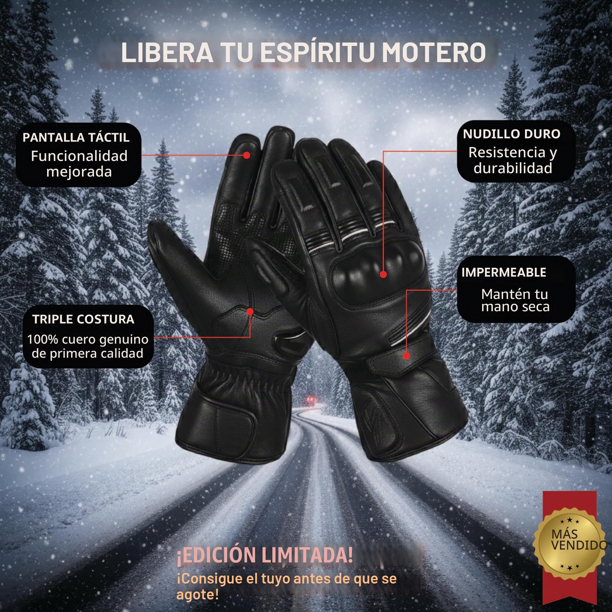 Guantes de Moto de Invierno de Cuero Premium, Impermeables, Guantes de Motocicleta de Invierno, Resistentes al Viento, Pantalla táctil, Guantes cálidos Nudillos Duros
