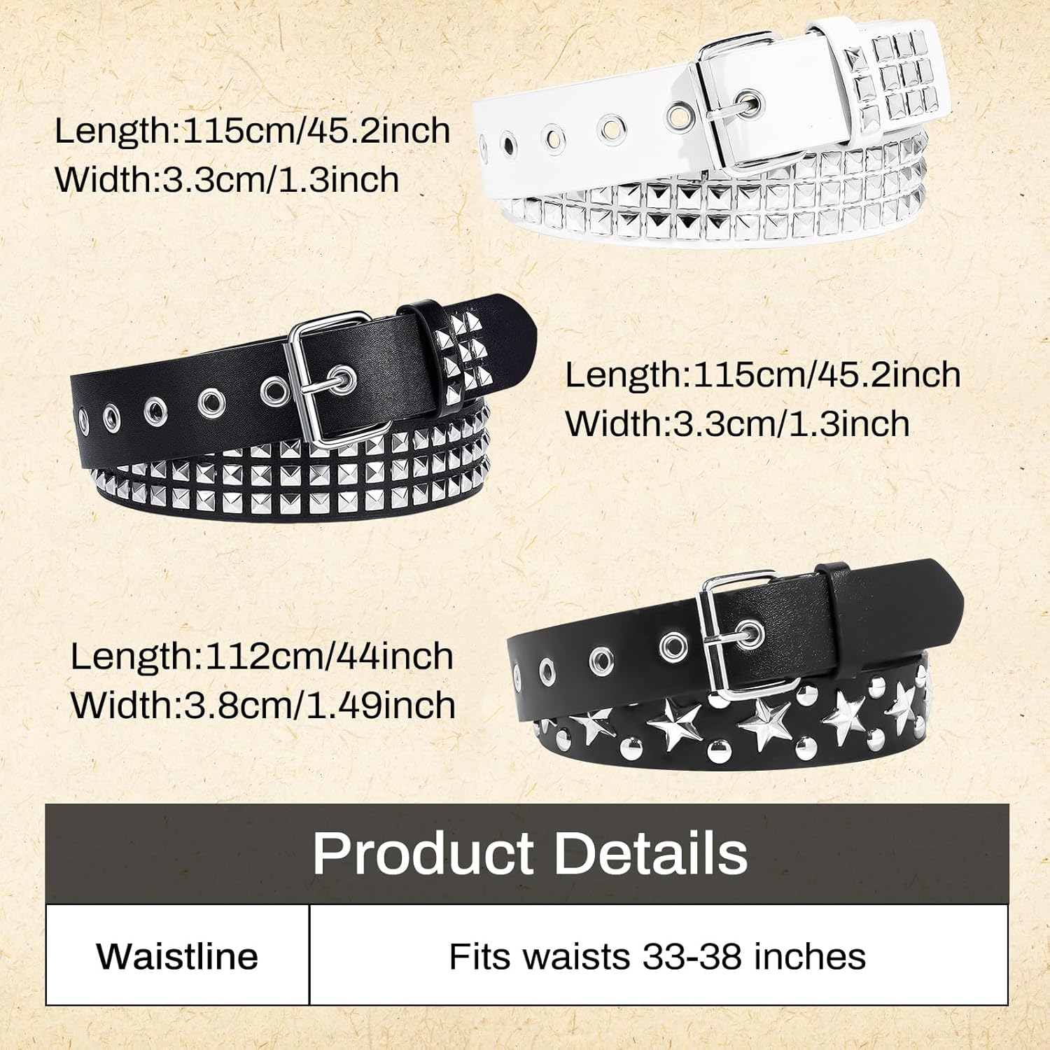 3 Pcs Black White Studded Belt Star Y2K Belt Gothic Punk Rock Belts with Grommet Threads Bright Metal Pyramid Cool Belts for Women Men - Image 3