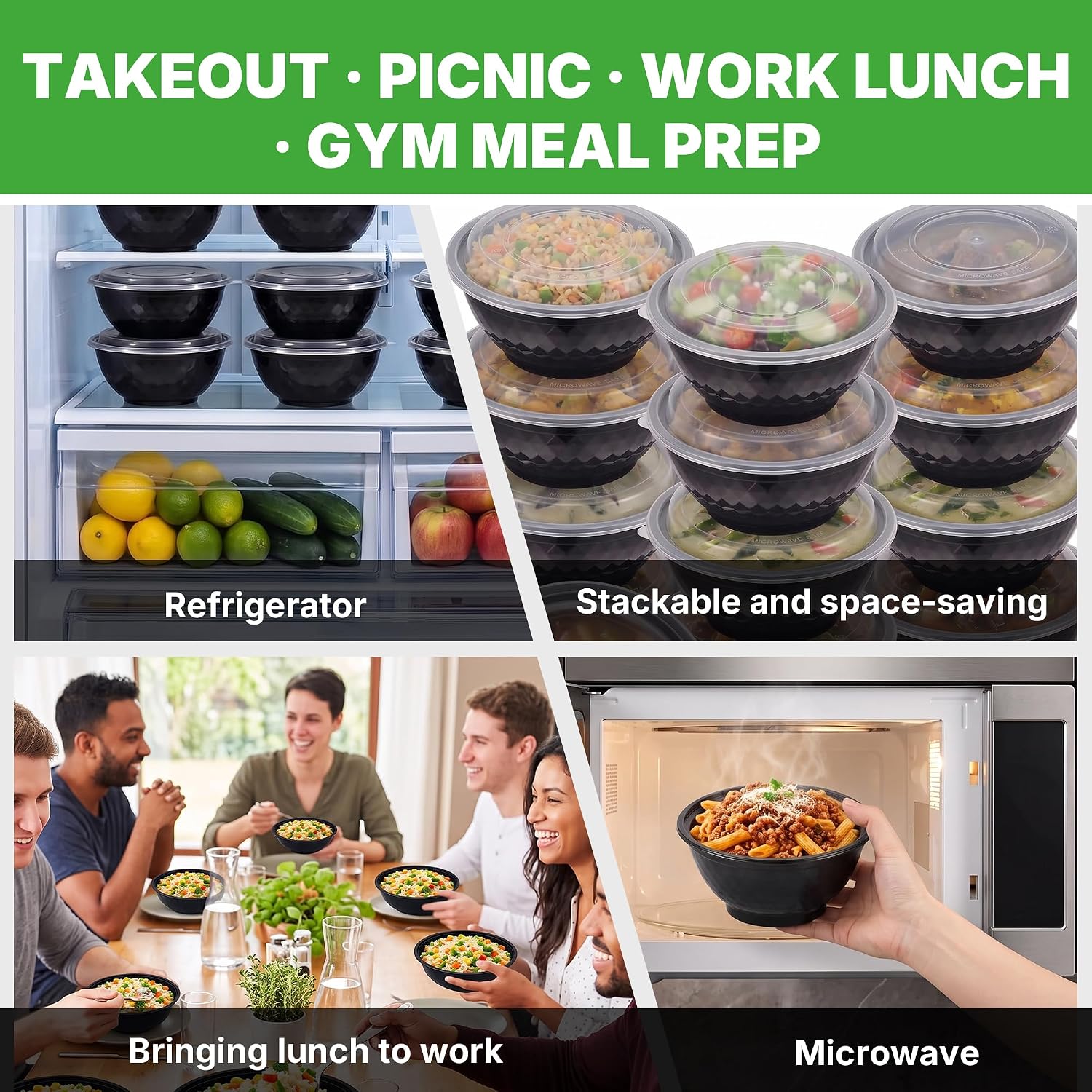 Uni-Pak 50 Pack (100-Piece) Meal Prep Bowl 36oz Reusable with Lids, Sturdy Leakproof & Food Safe, Microwave, Freezer, Dishwasher Safe Prep Containers, To Go Take Out Plastic Food Storage 75895
