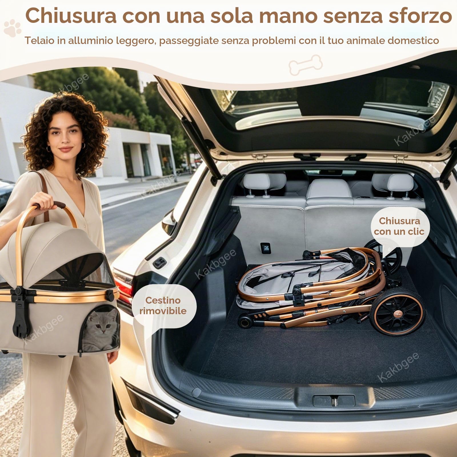Pieghevole Passeggino Per Cani, Carrozzina Per Cani E Gatti Piccoli E Medi, Piegatura Con Un Clic, Trasportino Rimovibile, Cuscinetto Lavabile, Guinzaglio Di Sicurezza, Ruote PU 9", 22KG,Cachi