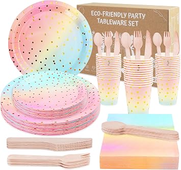 Disposable Plates, 200 Pcs Rainbow Plates and Napkins Party Supplies, Heavy Duty Paper Plate Set for Tea Party, Birthday Party, Wedding, Christmas Serves 25 Guests
