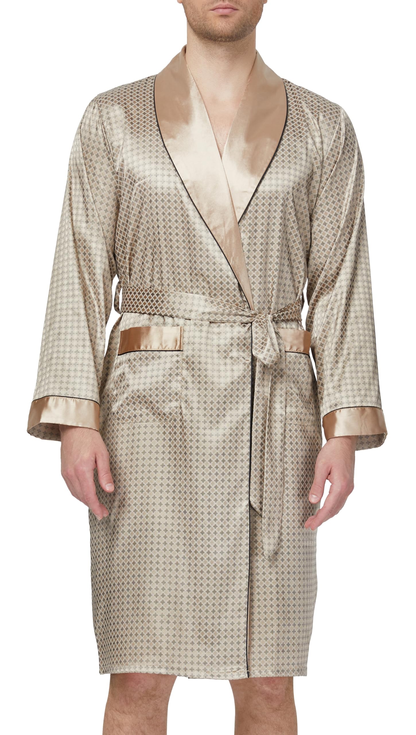 Mens Satin Robe Lightweight Silk Long Sleeve Bathrobe with Shorts Set Spa Kimono Sleepwear