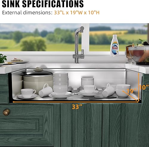 Miniatura 6 de Fregadero de cocina de montaje inferior 33, fregadero de acero inoxidable 33 x 19 pulgadas, estación de trabajo profunda de calibre 16, fregadero de
