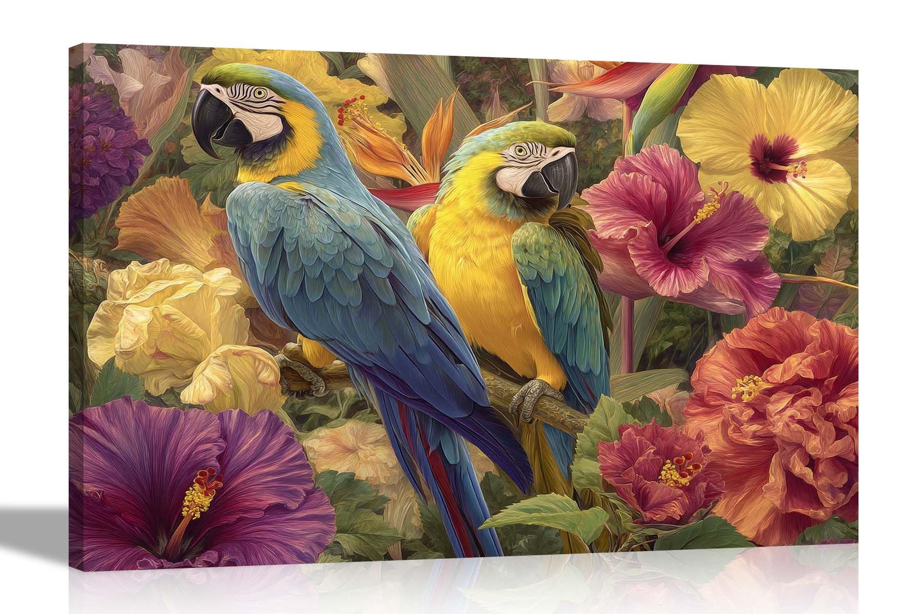 Artley Prints - Macaw Parrots Exotic Forest Vivid Colourful Canvas Art Prints Home Living Room Hallway Office Wall Pictures 60 x 40cm (24 x 16 inches) A2