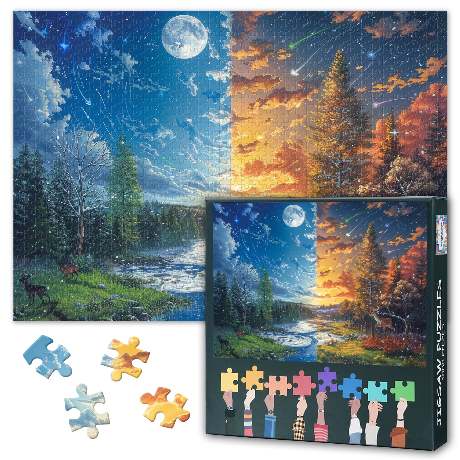 Sceneries 1000 Piece Puzzle for Adults Fantasy Landscape with a River and a Deer in the Forest Jigsaw Puzzles 1000 Pieces