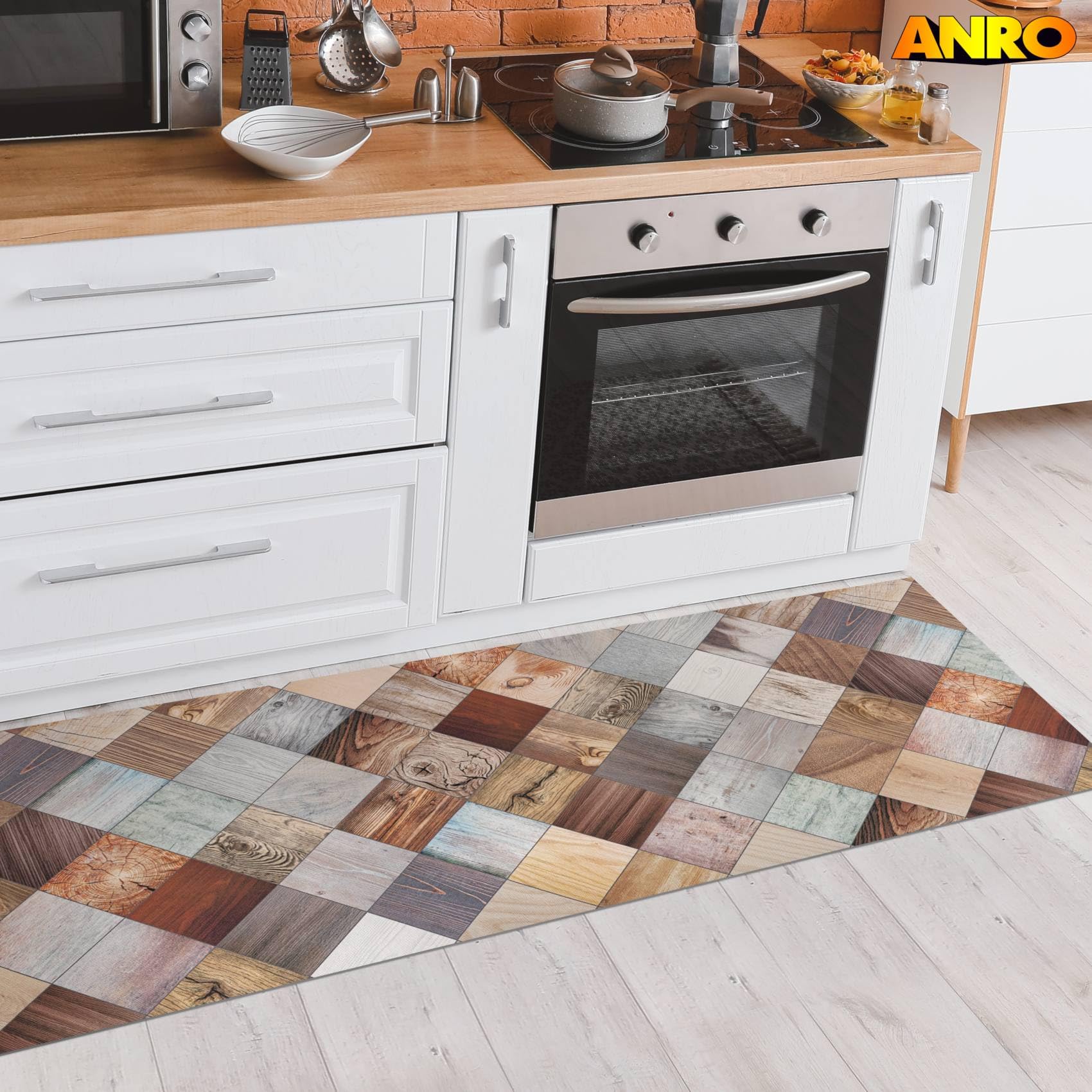 ANRO Küchenläufer Teppichläufer abwaschbar Läufer Flur rutschfest pflegeleicht Holz Patchwork 240 x 52 cm