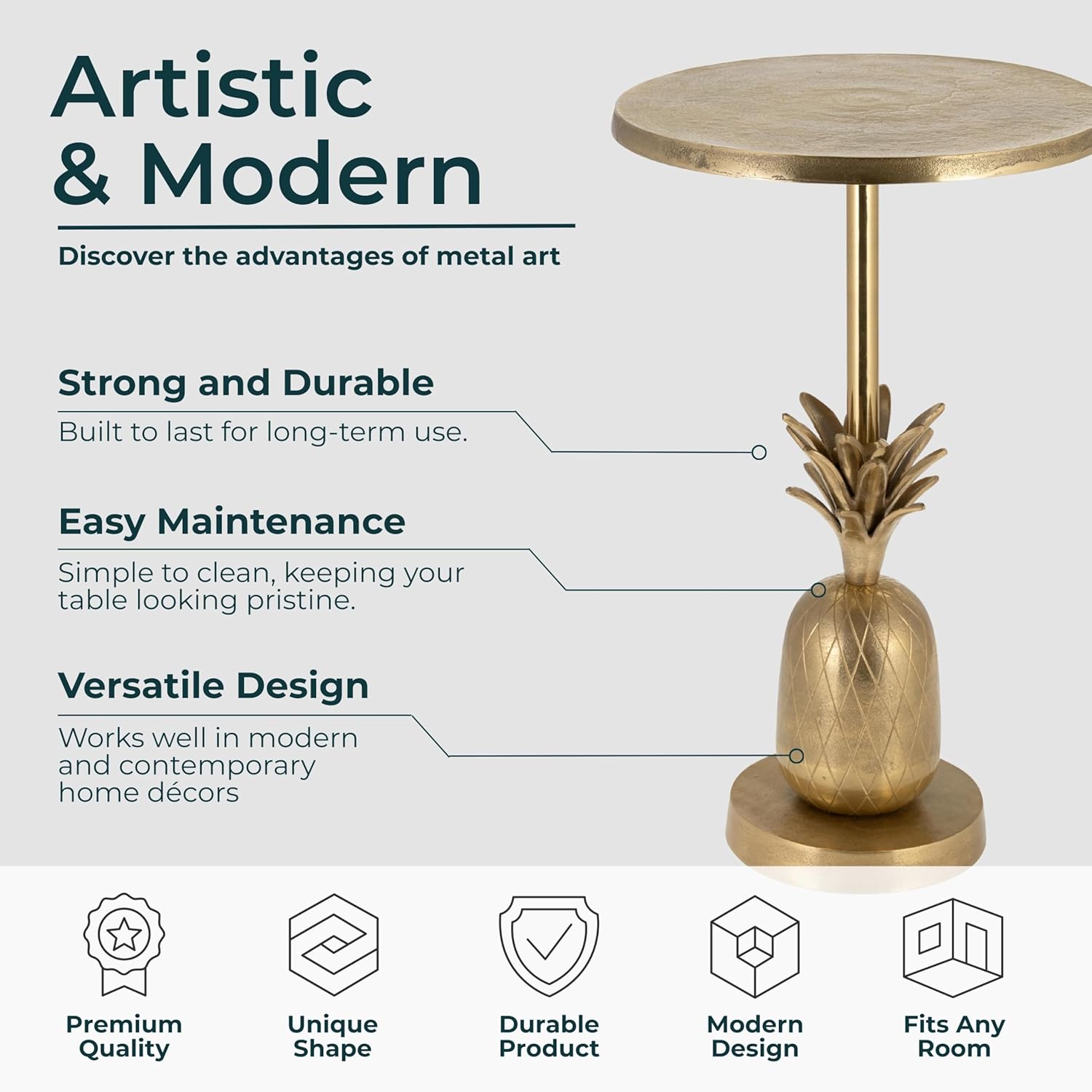 Pineapple Accent Table with Modern Tropical Design – Gold Metallic Finish Aluminum Round Side Table for Living Room, Bedroom, Office, & Home Decor – 15 x 24 Inches
