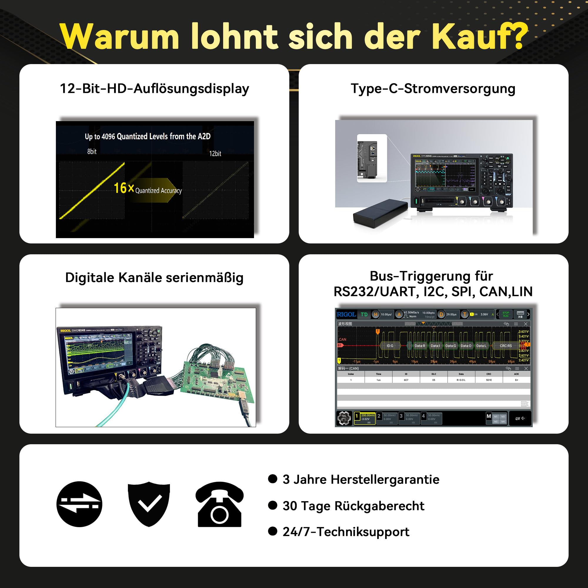 RIGOL Oszilloskop,DHO924S Tragbares digitales Oszilloskop,250MHz Bandbreite,4A+16D Kanäle,12bit vertikale Auflösung,unterstützt die Bode-Plot-Analyse,integrierter 25MHz Signalgenerator