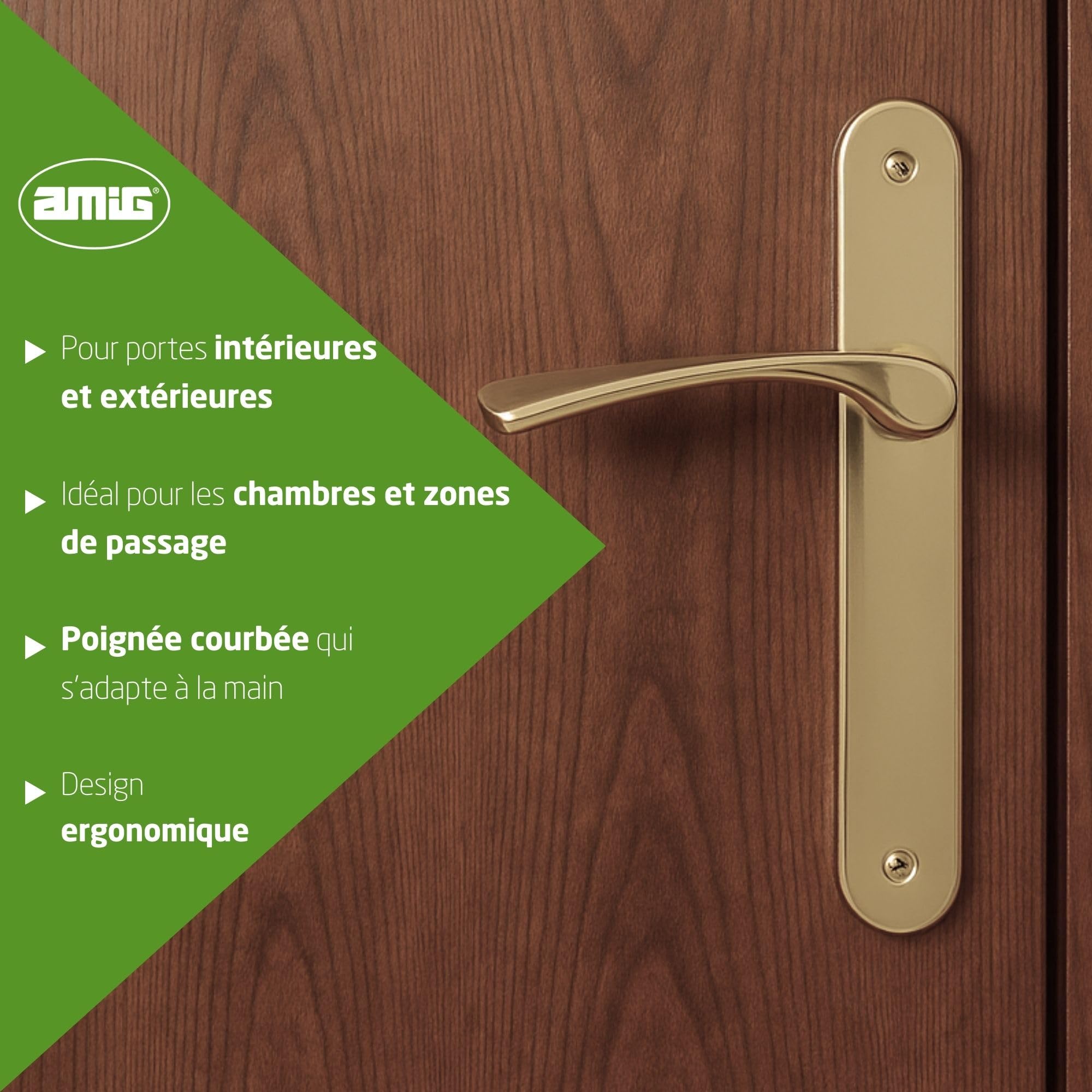 Amig - Lot de 2 Poignées avec Plaques - Poignées de Porte d’Entrée et Intérieure - Ouverture Fluide et Prise en Main Confortable - Entraxe 70 mm - Acier - Doré