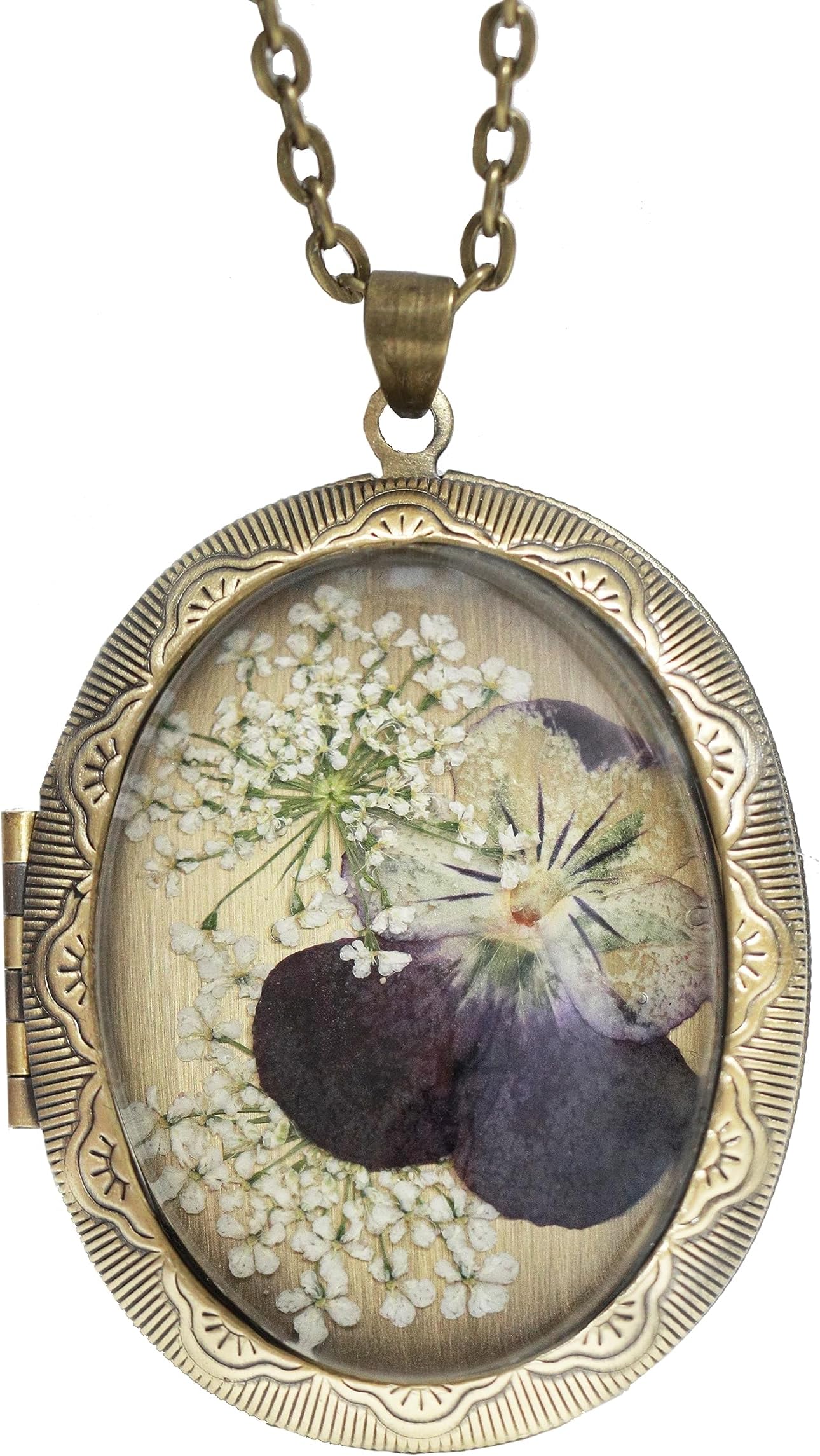 Handmade Oval Shaped Photo Locket with dried Pressed Flowers Locket pendant Necklace