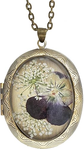 Handmade Oval Shaped Photo Locket Pressed Flower Locket Necklace (Pansy) disponible en Yaxa Costa Rica