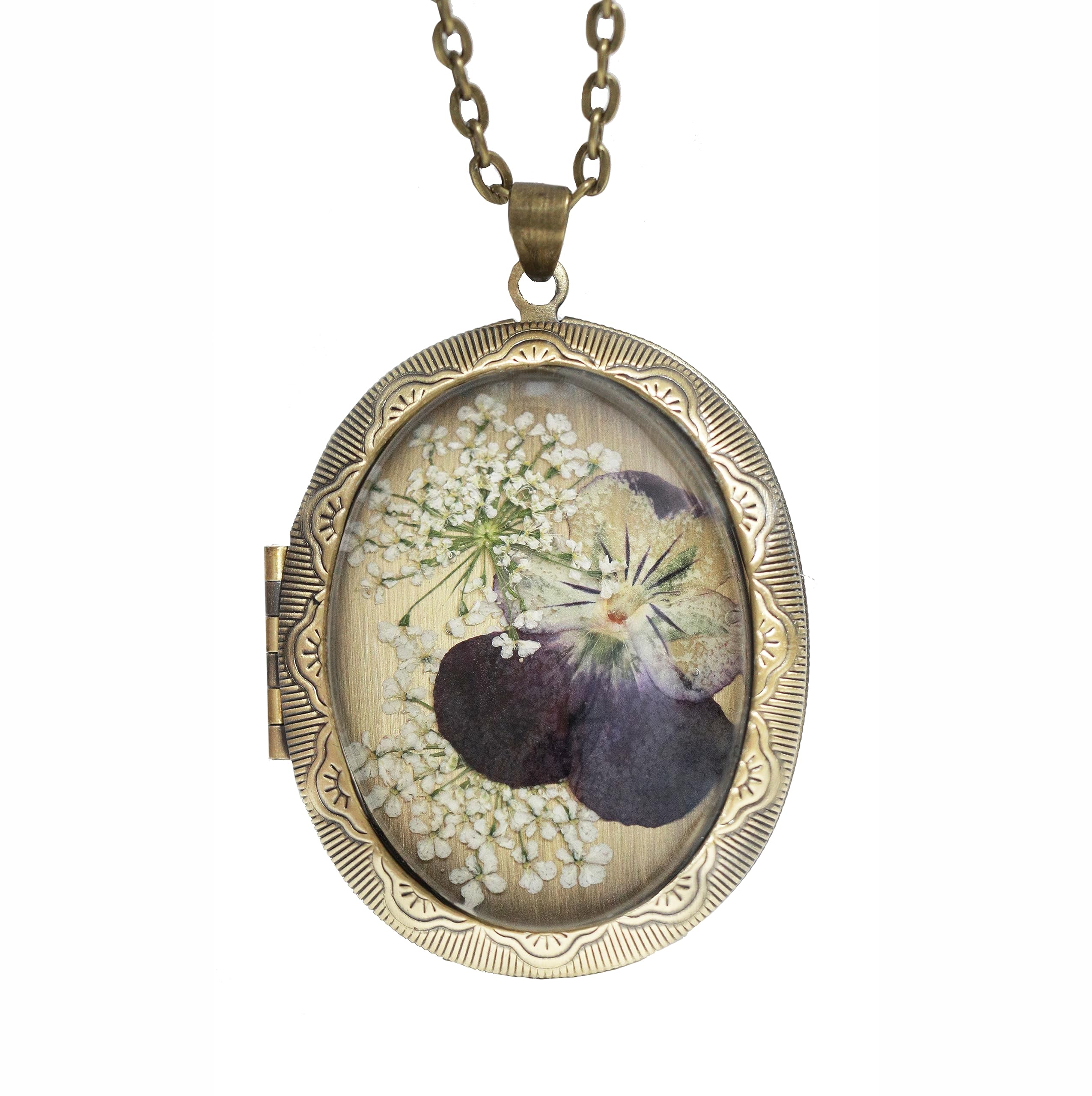 Handmade Oval Shaped Photo Locket with dried Pressed Flowers Locket pendant Necklace