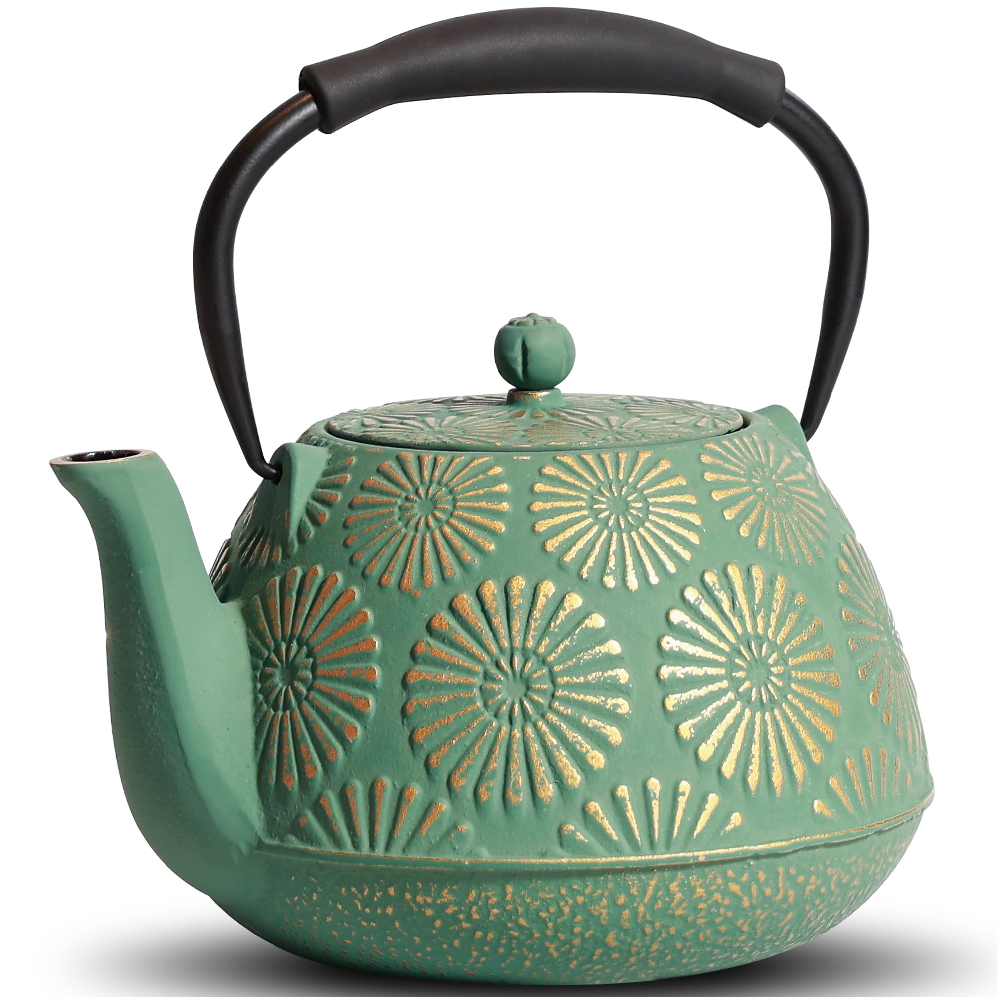 Cast Iron Teapot, 40oz Tea Kettle with Infuser for Stove Top, Sakura Design Japanese Tea Pot for Loose Leaf Coated with Enameled Interior, Silicone Handle 1200ml Green