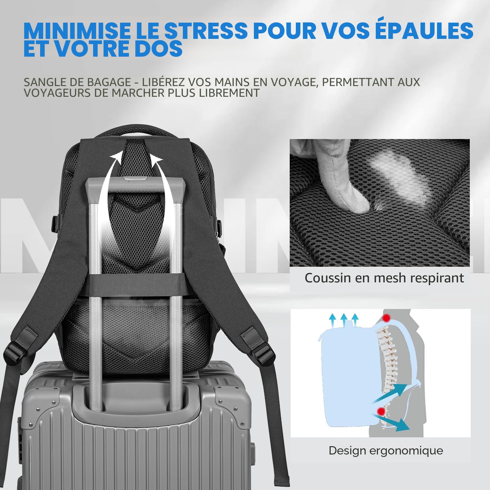 Xkdoai Sac a Dos Voyage Cabine Avion 40x30x20 pour Ryanair Sac de Voyage pour 40x30x20 Avion avec Pochette Antivol Porte-Bouteille Orifice de Chargement USB Imperméable