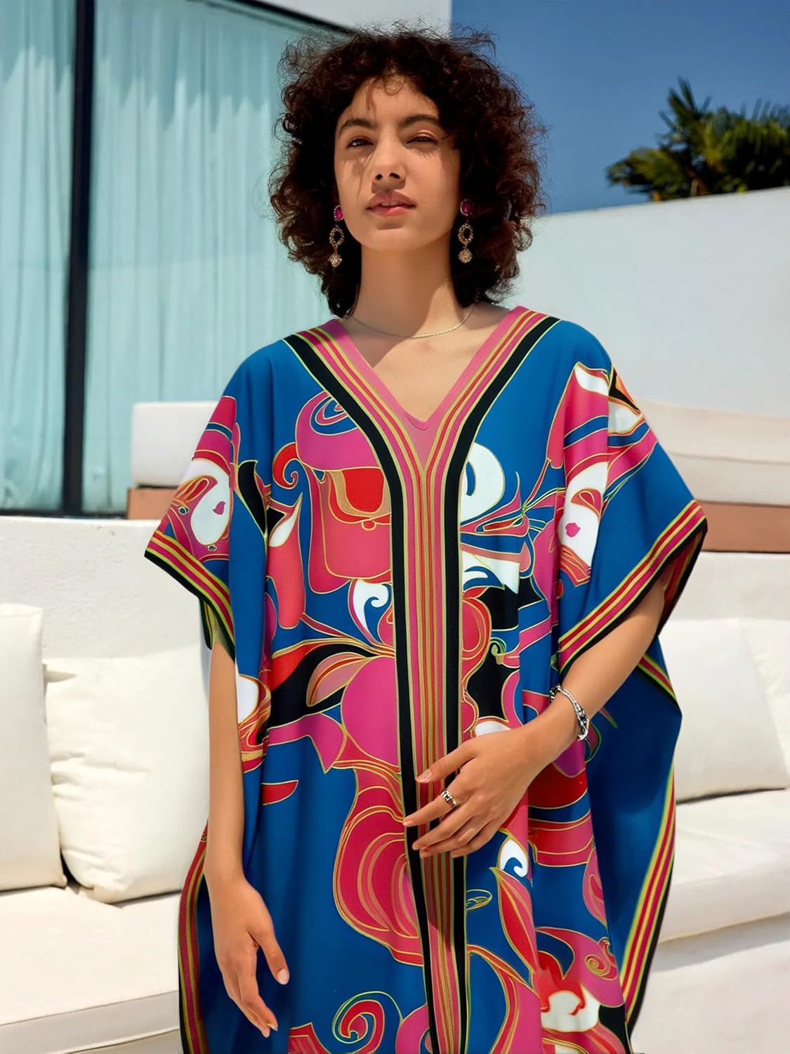 Cashew Flower Silk Caftan Women Vneck beach Cover up Caftans Loose Plus Size Floral Print Side Split Kaftan Dresses - Image 5