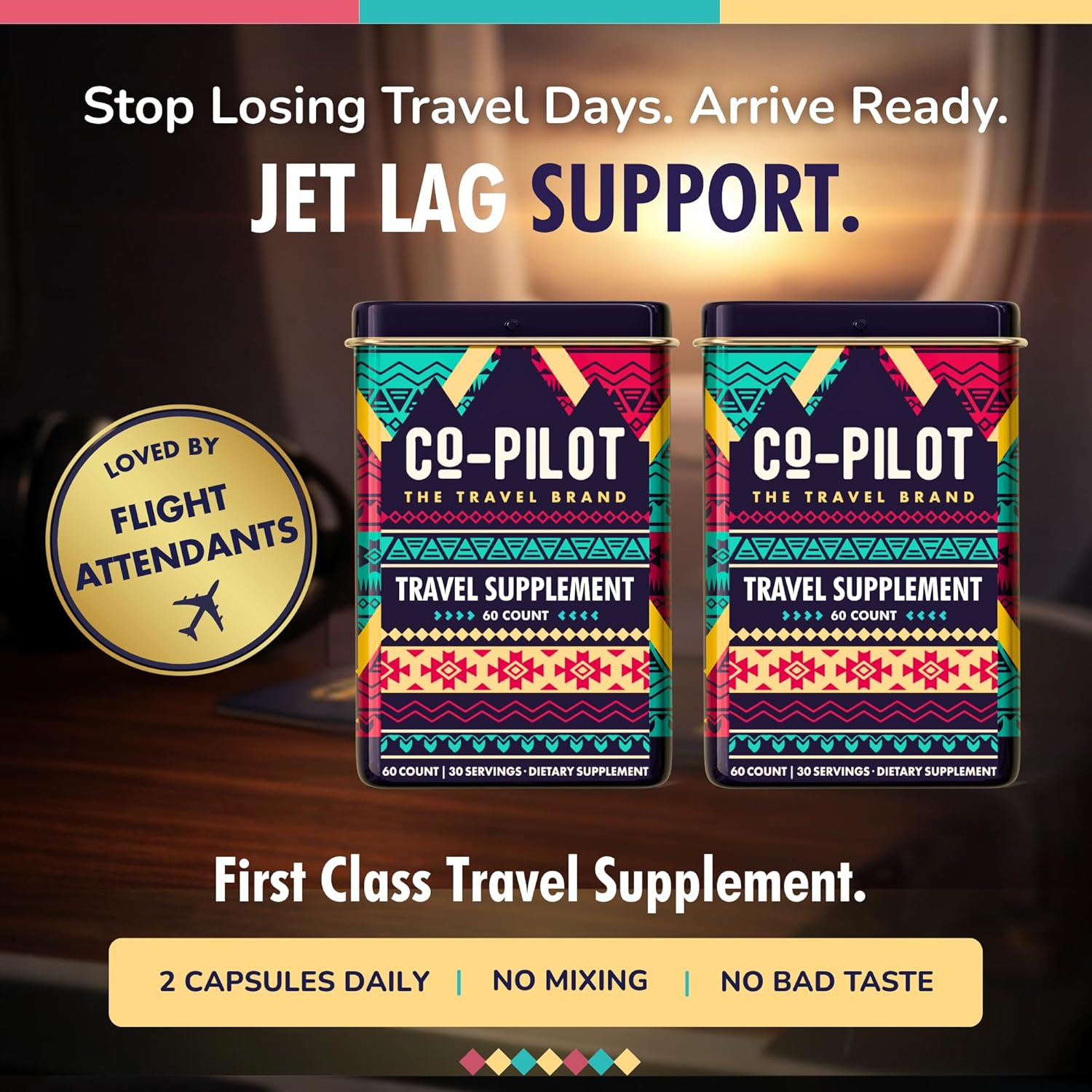 Supplement 2 Pack: Jet Lag Prevention + Ashwagandha, Rhodiola, D3+ for Immune Support, Energy, Digestive Health | Airplane Travel Essentials Multivitamin | Vegan | 120 Count