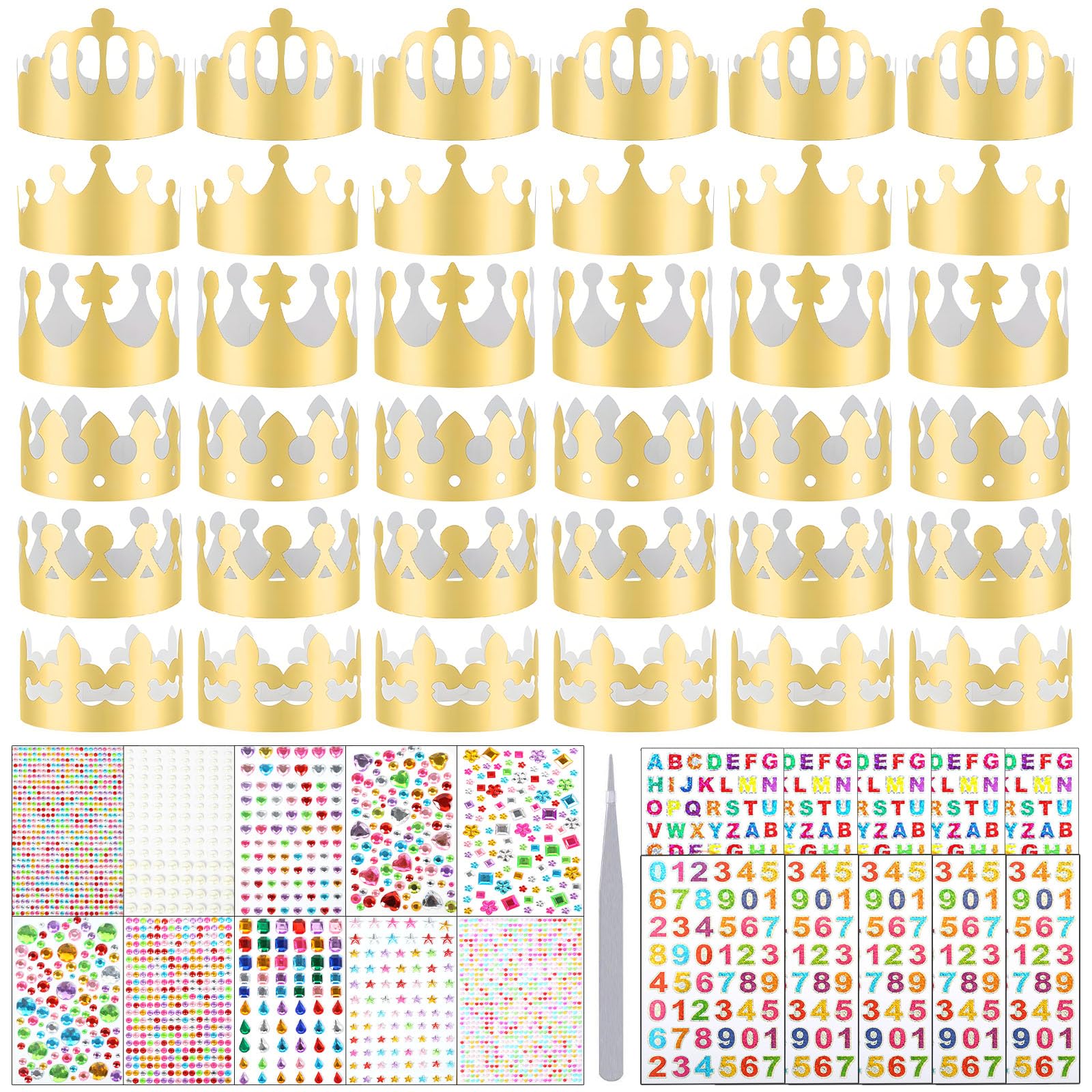 30 Pcs Paper Crowns Gold Paper Party Hats Set with 20 Sheets Gem Jewels Alphabet Number Letter Stickers, Jubilee Hats Crowns for Adults DIY Papers Crown Princess Prince Crown for Party Celebration