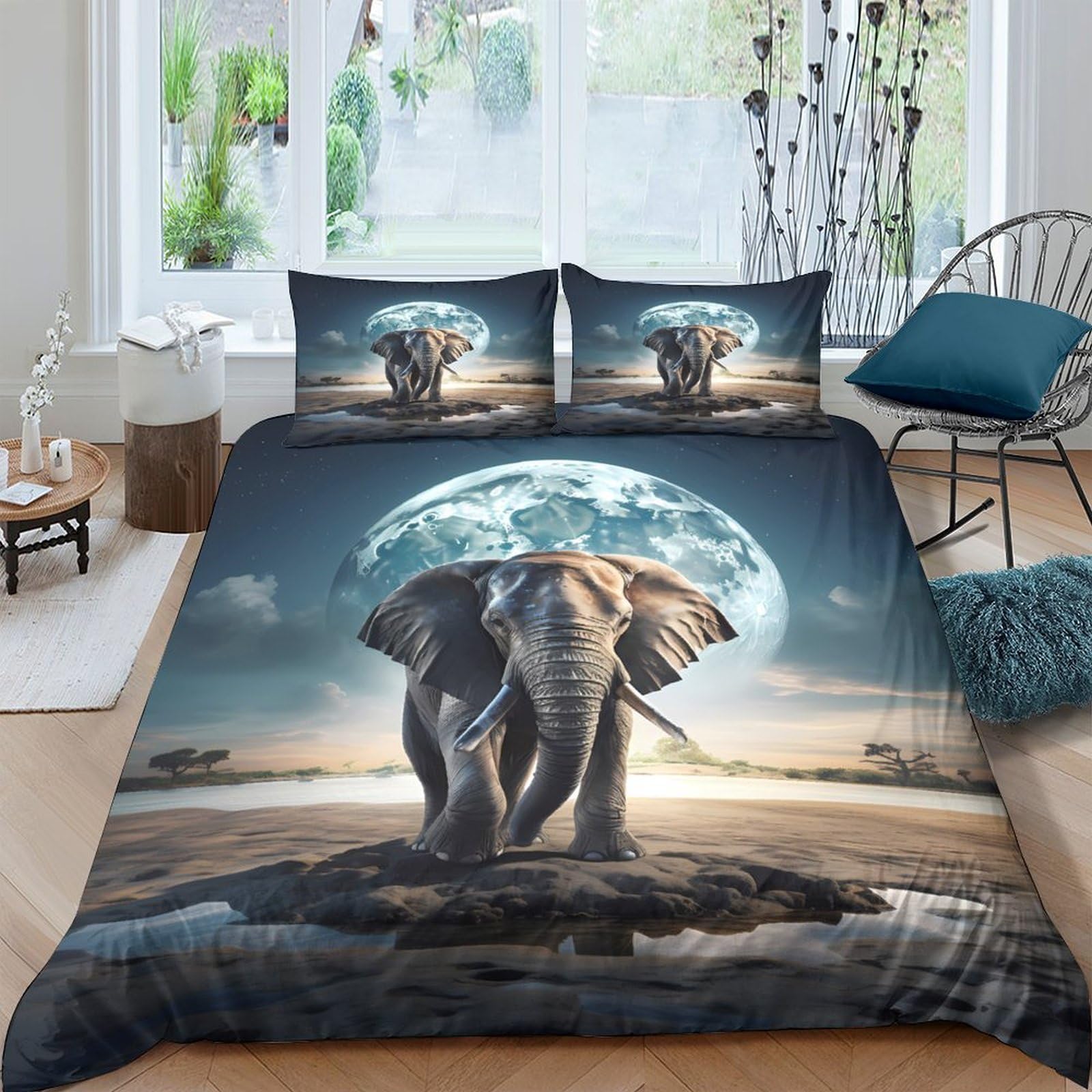 Ctjqhvkz Style-8 3D Printed Elephant Moon Fitted Sheet Microfiber Soft Breathable Wildlife Landscape Bed Sheet Bedroom Decor Single（135X200cm）