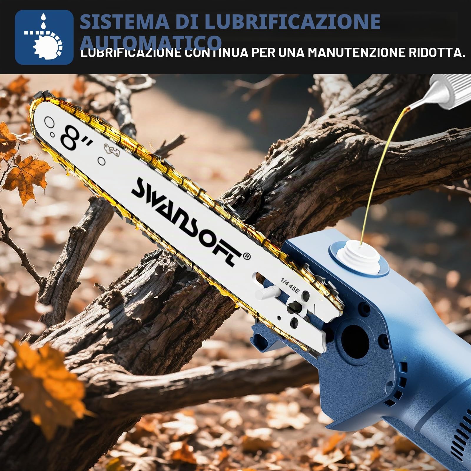 SWANSOFT Motosega telescopica a batteria da 8''(20cm), 600 W/2 x 21V 4000 mAh, professionale, Lubricación Automática, 10m/s (CS-10)