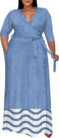 Runwind Plus Size Maxi Dress for Women 3/4 Sleeve Wrap Desses with Belt