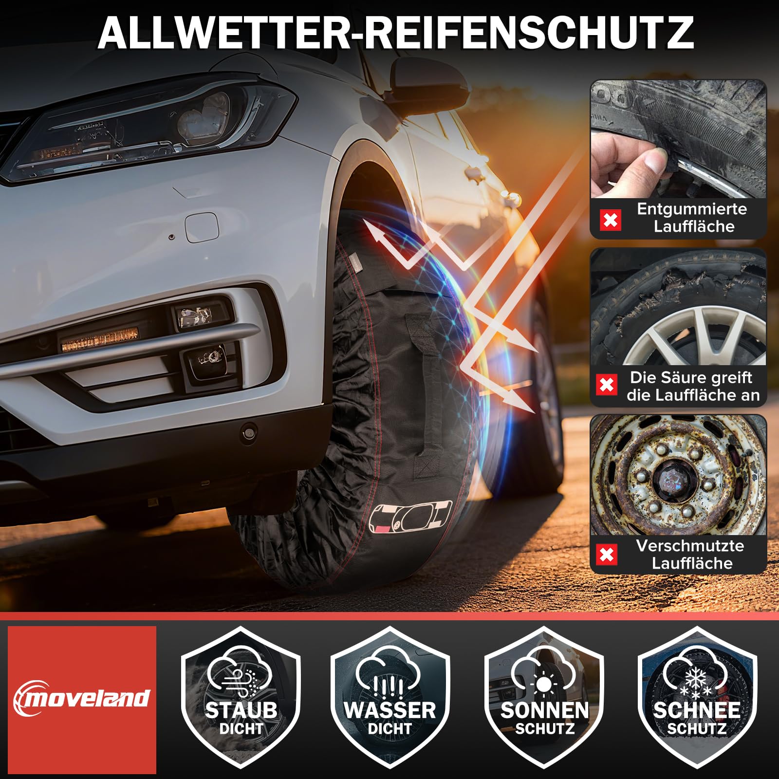 moveland reifentaschen 18-22 Zoll - Reißfeste reifentasche 4er Set- Keep Clean reifenschutzhülle - reifensäcke mit 4 Filzpads - wasserdicht staubdicht schützen lagern und transportieren Reifen