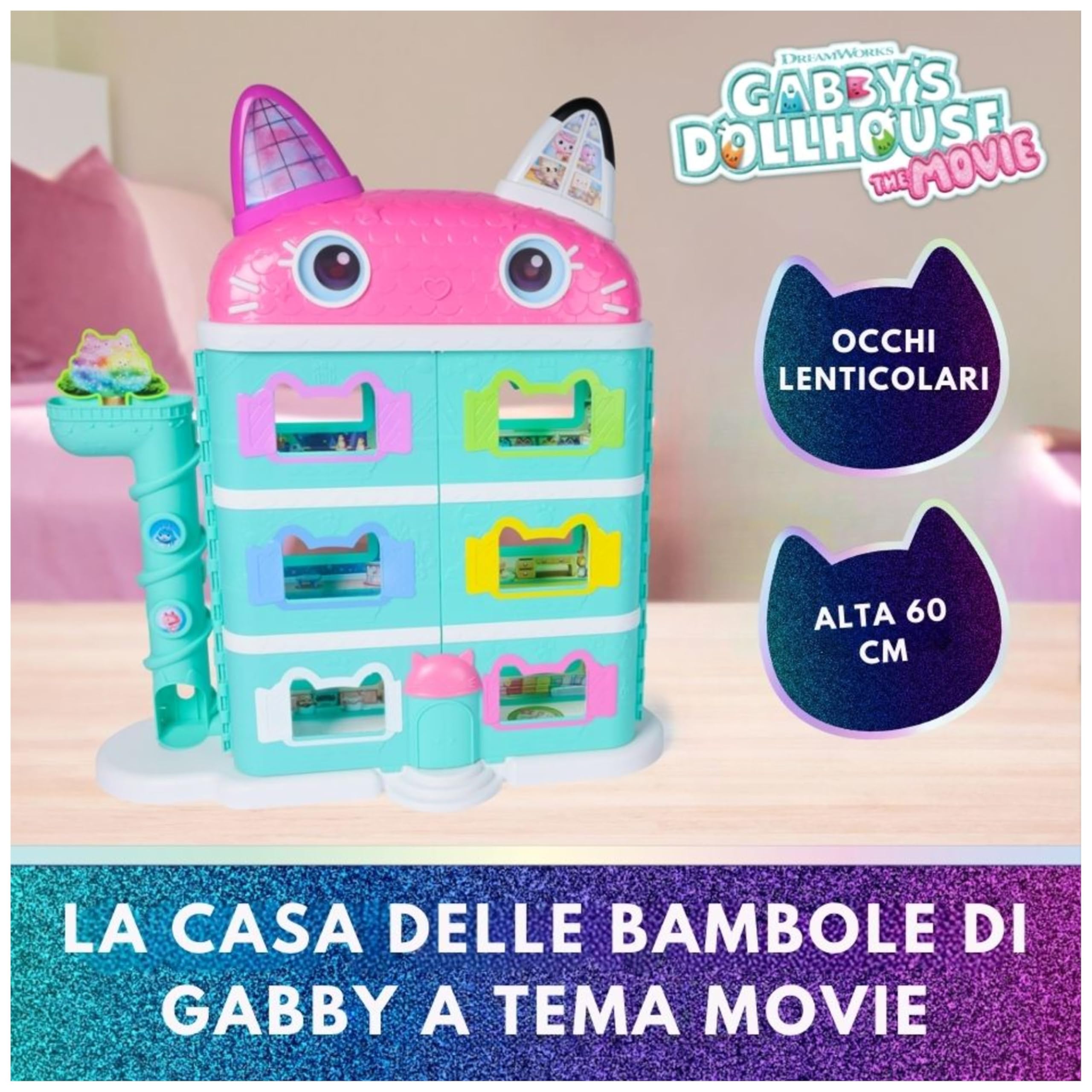 Gabby's Dollhouse The Movie, la Casa delle Bambole di Gabby a Tema Movie, Con Occhi Lenticolari, Personaggi e Mobili per la Casa delle Bambole, Alta 60 cm, 3+ Anni