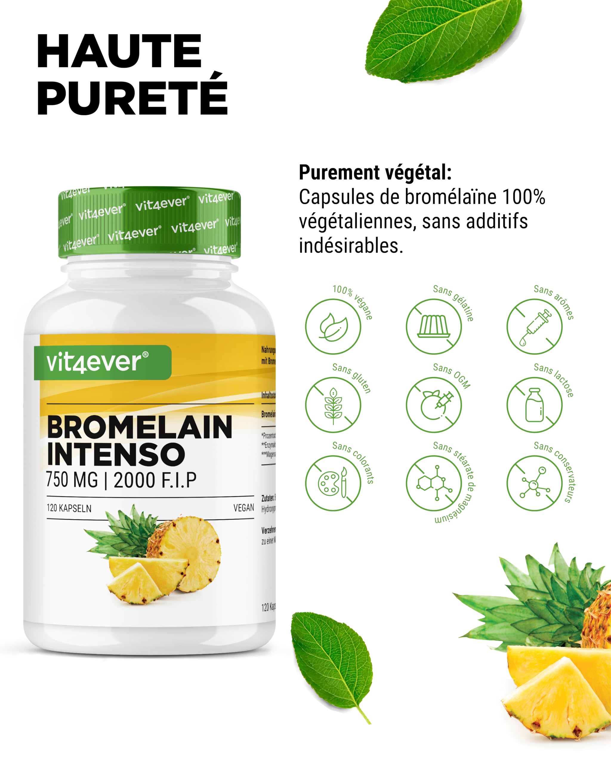 Bromélaïne Intenso - 750 mg (2000 F.I.P) - 120 Gélules Gastro-Résistantes - Extrait Naturel d'Ananas - Hautement Dosé