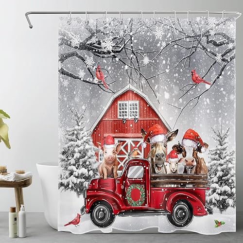 LB Cortina de ducha rústica de Navidad, juego de cortina de ducha de invierno con ganchos, tela impermeable y lavable para establo, 68 pulgadas de