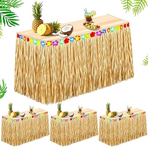 Falda de mesa hawaiana de rafia de hierba Luau con flores de hibisco, 9 pies x 30 pulgadas, decoración de mesa de bar Tiki para verano, playa,
