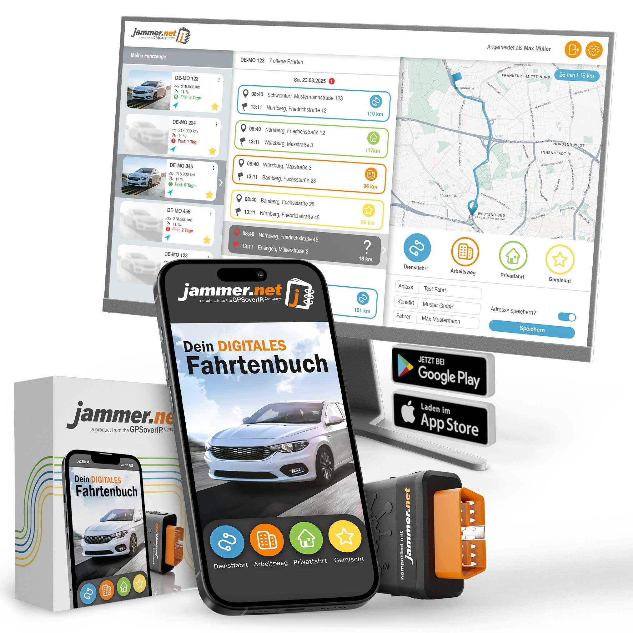 Jammer.net - Digitales Fahrtenbuch, finanzamtkonform: GPSauge OBD-Stecker, inkl. Jahreslizenz, Portalzugang am PC & mobiler App. Für alle Fahrzeuge geeignet. Kein Vertrag! (Basispaket)