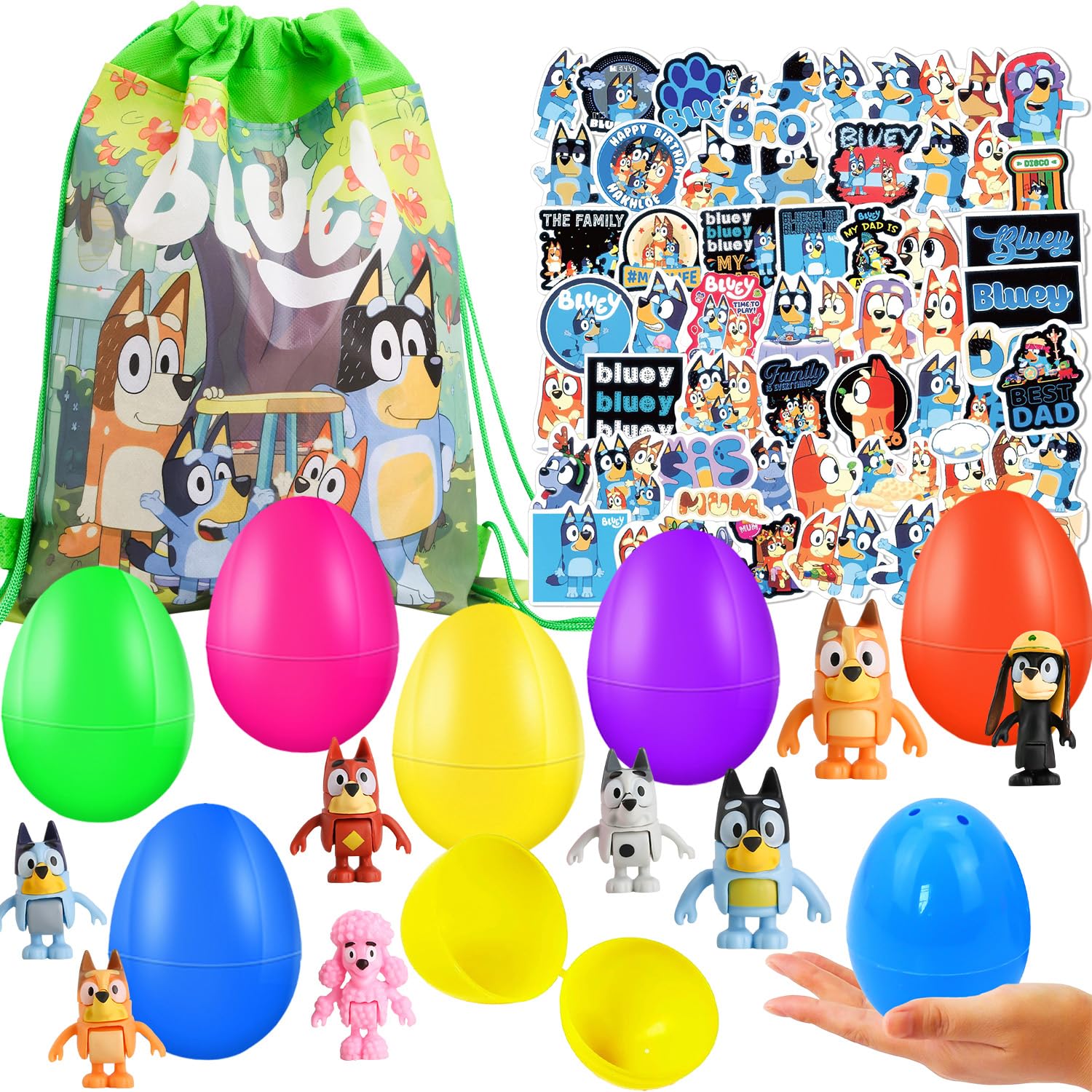 Wonlonda Small Cute Doll Stuffed Colorful Plastic Easter Eggs with Stickers (bluey)