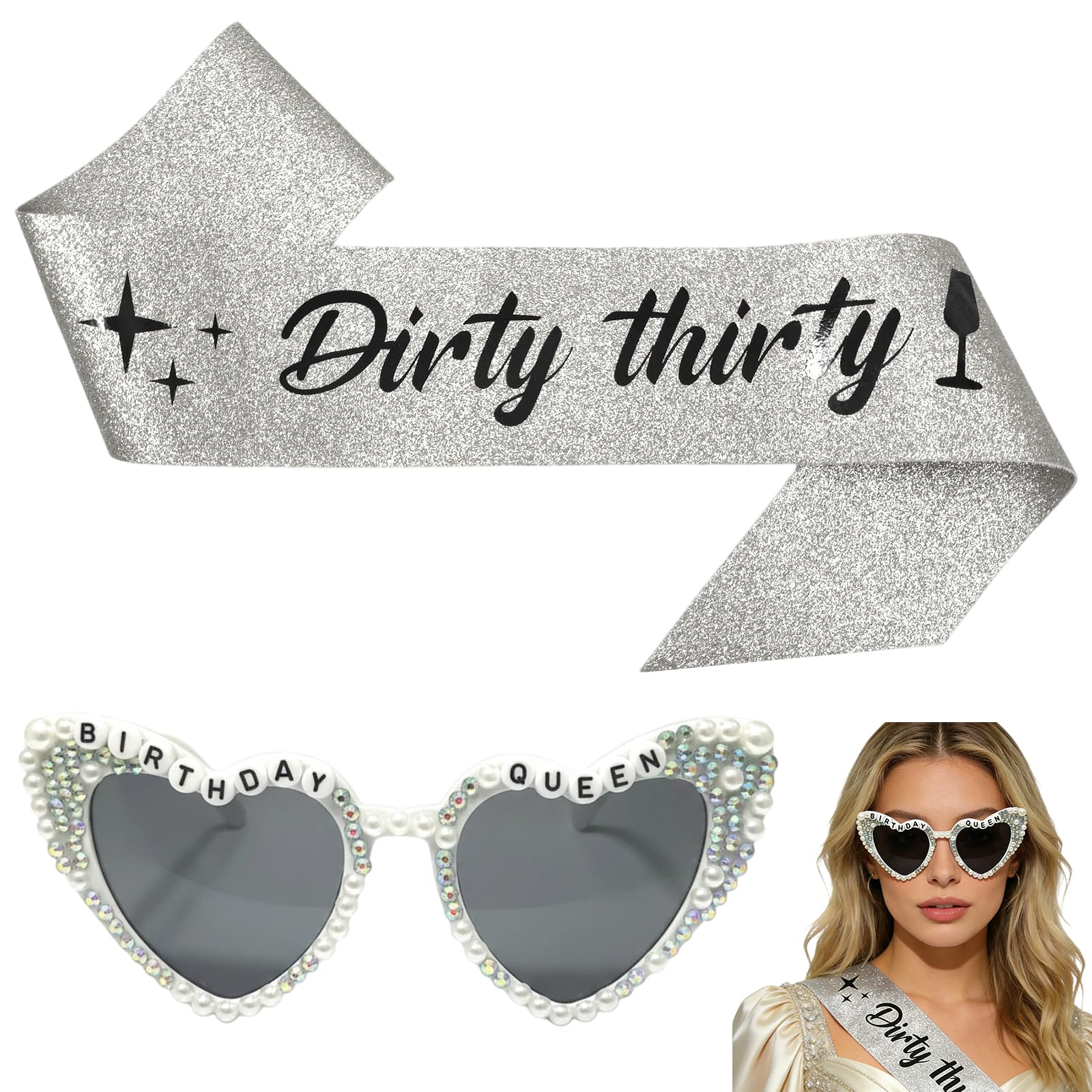 Gubilacrum 30th Birthday Sash, Birthday Queen Sash Set with 160 cm Length Sash and 15.3 cm Glasses, 30th Birthday Sash for Women with Diamond Birthday Glasses, Silver Glitter Accessories for Parties