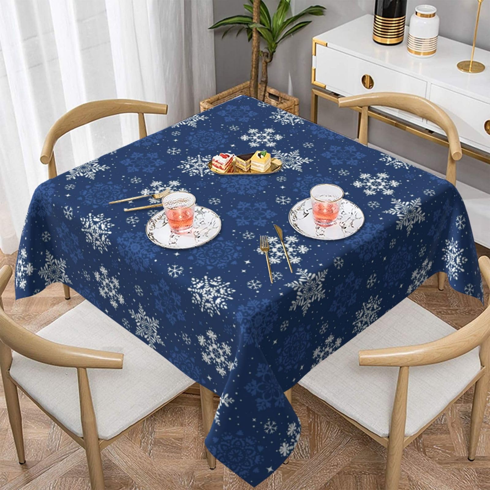 BYONEESS Square Tablecloth 54x54in Christmas Snowflake Print, Dark Blue & White, Polyester