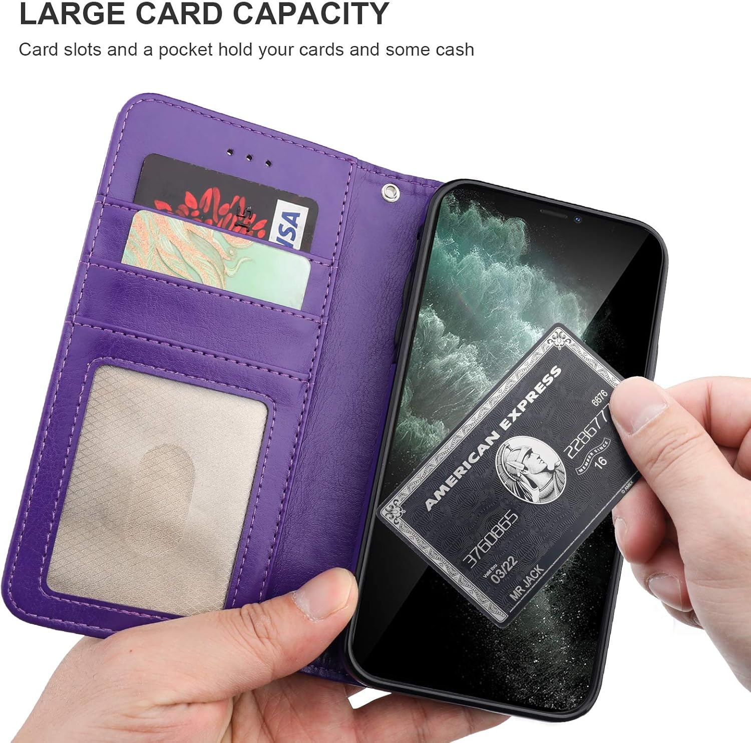 Bocasal for iPhone 11 Pro Max Wallet Case with Card Holder PU Leather Kickstand Shockproof Protective Wrist Strap Flip Cover for iPhone 11 Pro Max 6.5 inch (Purple)