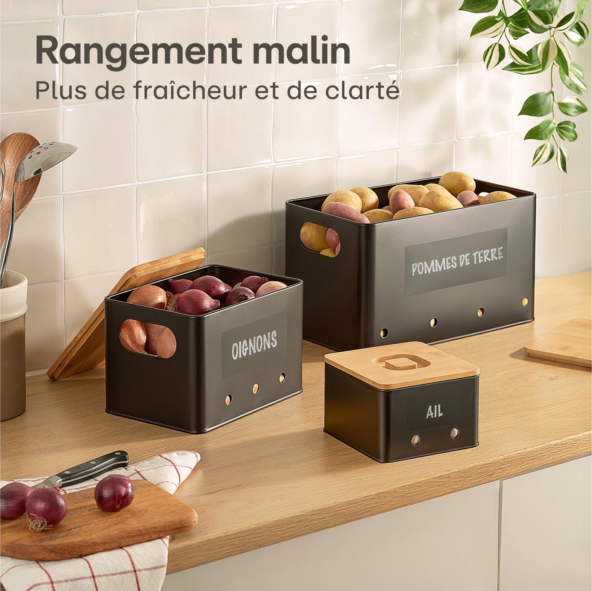 Lot de 3 boîtes de rangement pour pommes de terre, oignons et ail, avec Lot de 3 boîtes de rangement pour pommes de terre, oignons et ail, avec